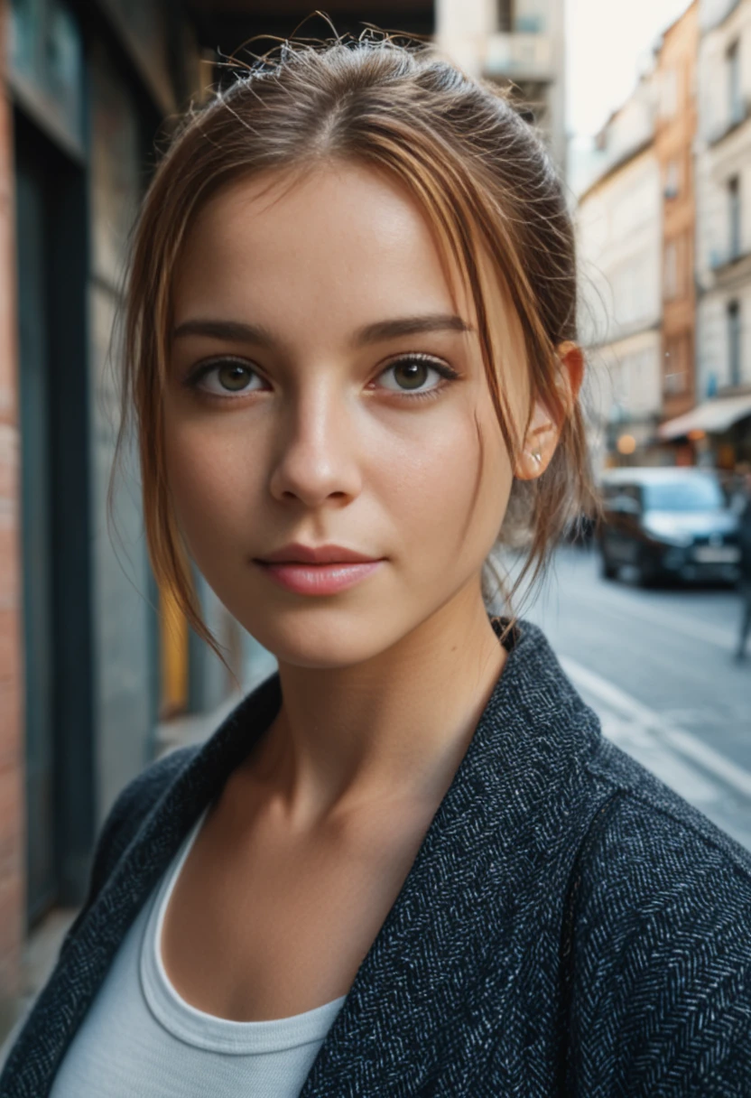 score_9, score_8_up, score_7_up, portrait of a young woman with freckles, natural look surrounded by subtle urban elements, high-resolution, sharp focus on skin details, 8K, cinematic grading, masterpiece, best quality, photorealistic, intricate hair and eye textures.