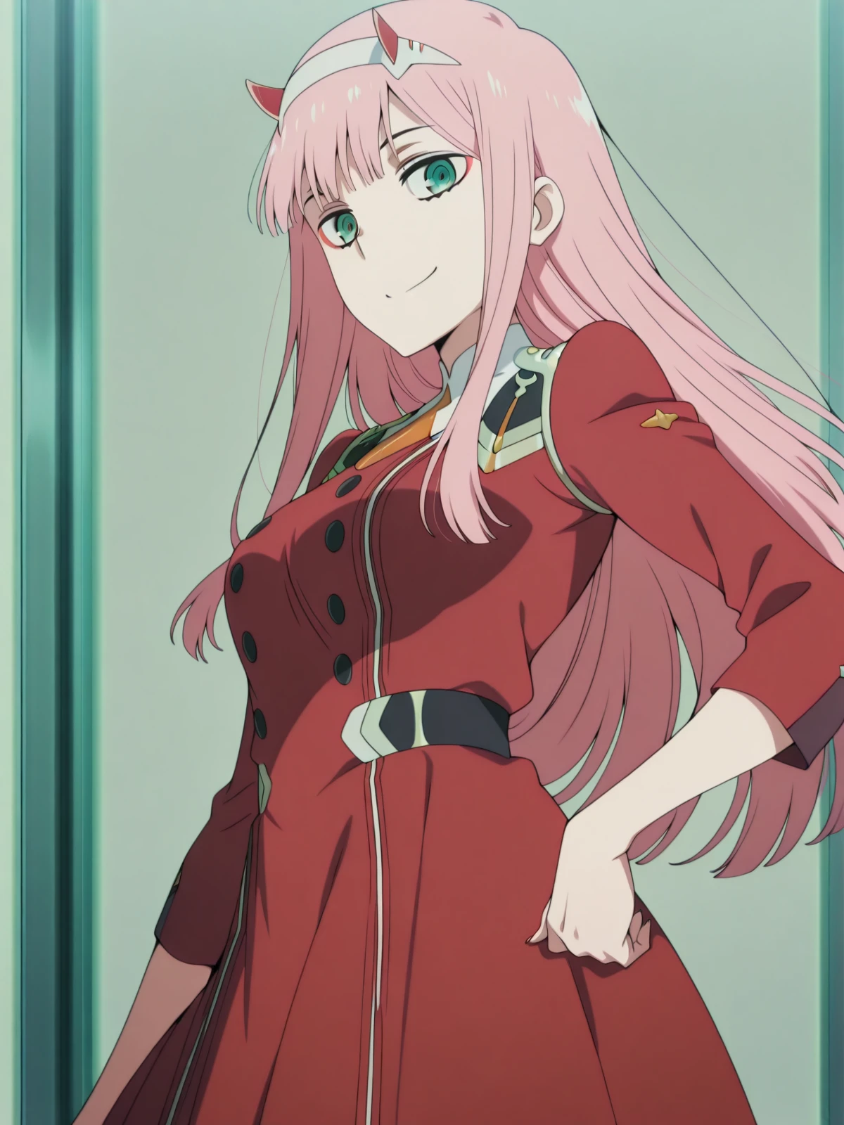 masterpiece, best quality, amazing quality,, <lora:zero-two-s1-illustriousxl-lora-nochekaiser:1>, zero two, zero two (darling in the franxx), green eyes, hairband, horns, long hair, pink hair, red horns, white hairband, mature female, medium breasts, anime screencap,, <lora:sailormars-pose-illustriousxl-lora-nochekaiser:1>, sailormars pose, solo, looking at viewer, smile, cowboy shot, hand on own hip,, , ,
