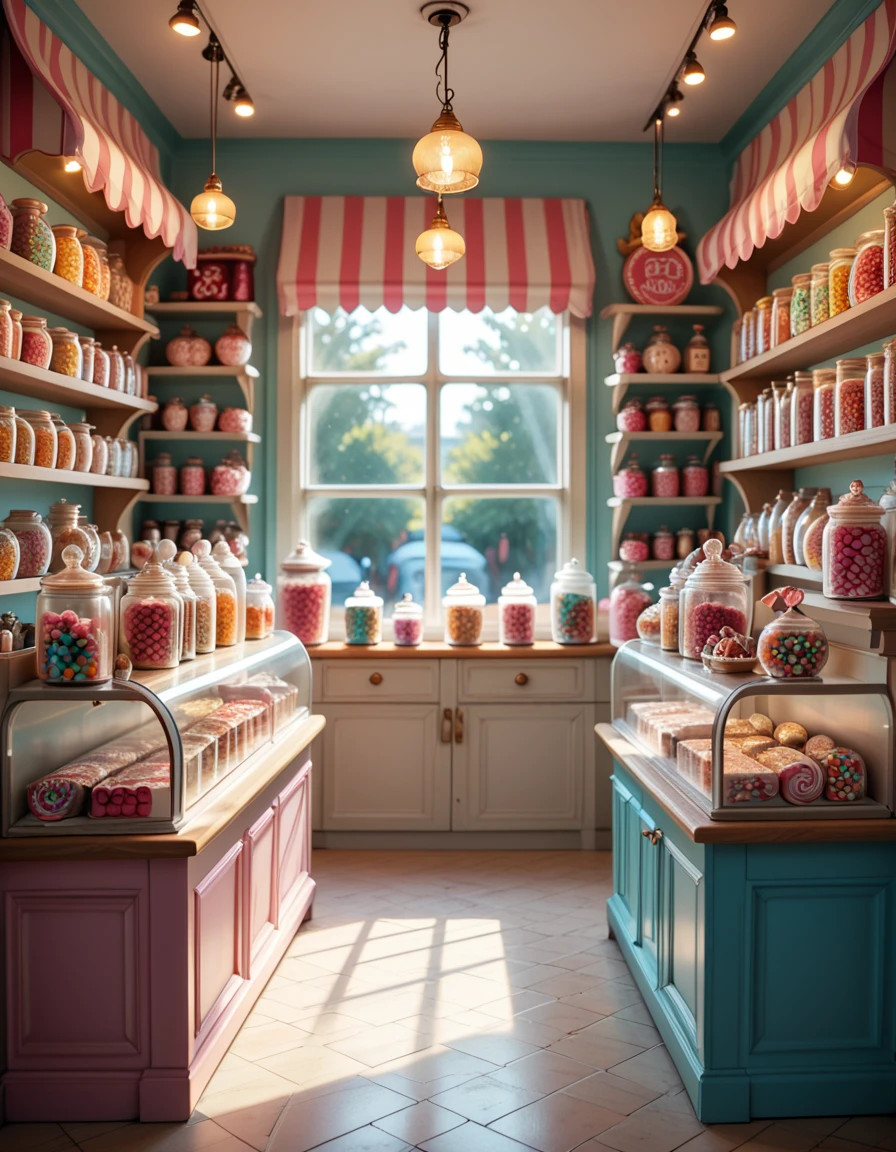 A whimsical candy shop filled with shelves overflowing with colorful sweets, glass jars of lollipops, gummy bears, and chocolates. The shop interior glows warmly, with pastel-painted walls, striped awnings, and a playful, nostalgic atmosphere that feels magical and inviting.
<lora:whimsical_candy_sh0p-p:1>whimsical candy sh0p score_9, score_8_up, score_7_up,amazing quality, ultra realistic, 3D, HD, best quality, amazing quality, very aesthetic, absurdres
