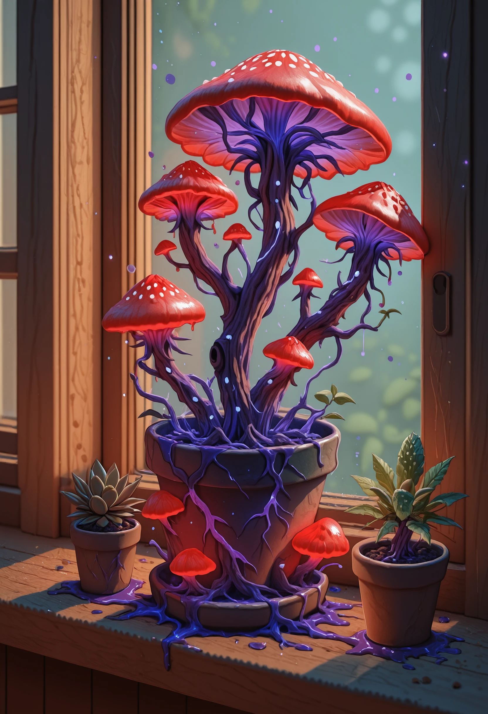 A potted succulent sits in a sunlit windowsill, now overtaken by Mycochrome. Vivid purple roots spill from the pot and curl across the wooden surface, while glowing red caps bloom between green leaves and fronds. Spores float gently through the air as the fungal network transforms the houseplant into something otherworldly and alive.