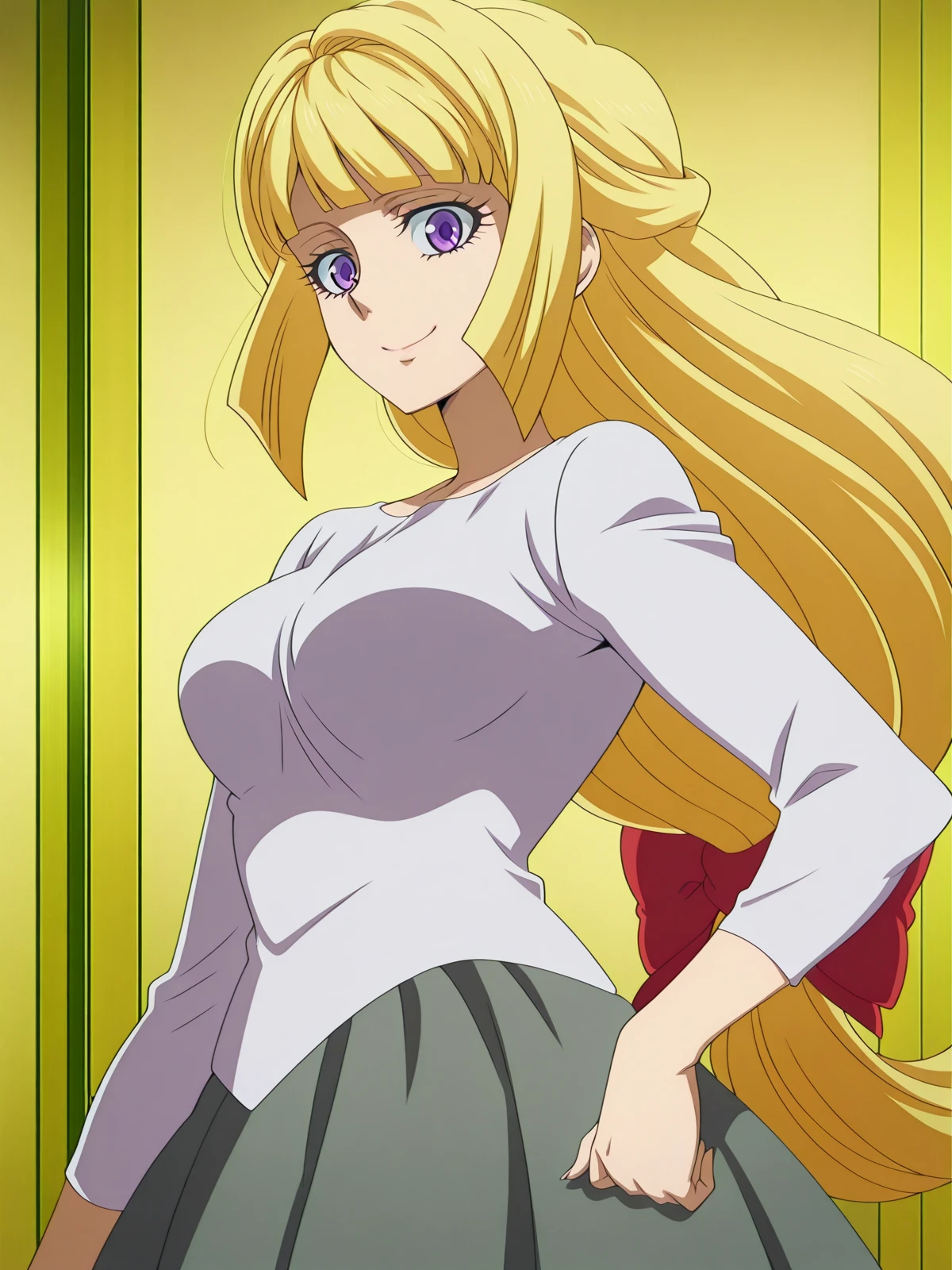 masterpiece, best quality, amazing quality,, <lora:kudelia-aina-bernstein-anime-illustriousxl-lora-nochekaiser:1>, kudelia aina bernstein, purple eyes, long hair, blonde hair, bangs, blunt bangs, low-tied ponytail, hair bow, red bow, mature female, medium breasts, anime screencap,, <lora:sailormars-pose-illustriousxl-lora-nochekaiser:1>, sailormars pose, solo, looking at viewer, smile, cowboy shot, hand on own hip,, , ,