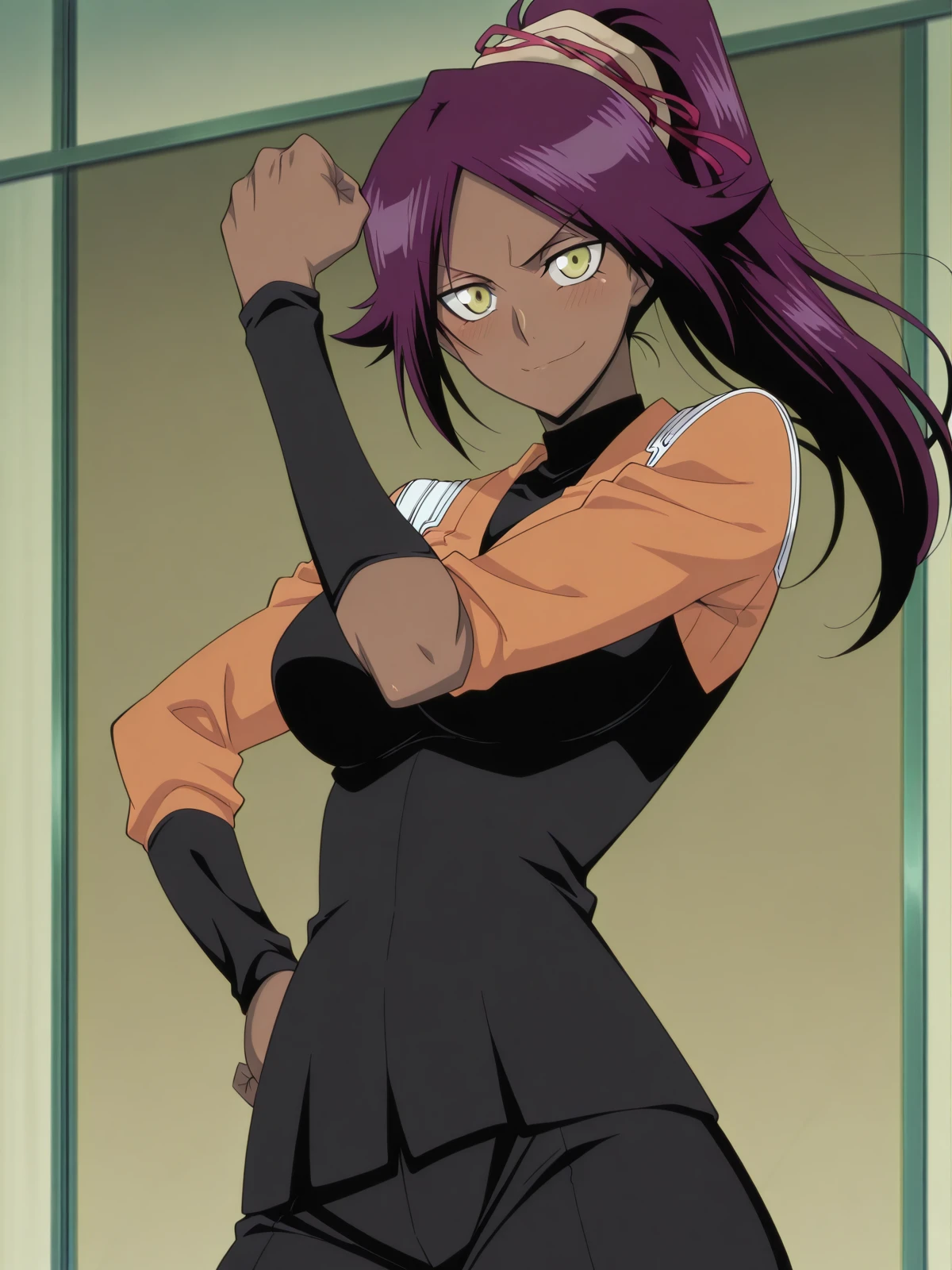 masterpiece, best quality, amazing quality,, <lora:yoruichi-shihouin-anime-illustriousxl-lora-nochekaiser:1>, yoruichi shihouin, shihouin yoruichi, long hair, yellow eyes, ponytail, purple hair, dark skin, dark-skinned female, mature female, medium breasts, anime screencap, <lora:cureblack-pose-illustriousxl-lora-nochekaiser:1>, cureblack pose, solo, looking at viewer, blush, smile, cowboy shot, hand on own hip, hand up, clenched fist,, , ,