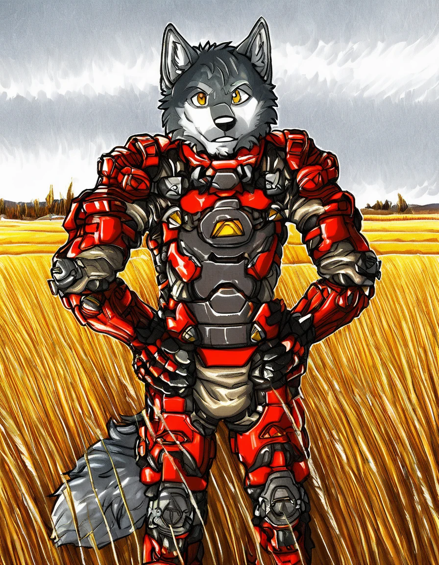 anthro, wolf, male, power armor, exoskeleton, winter, standing, hand on hips, field
