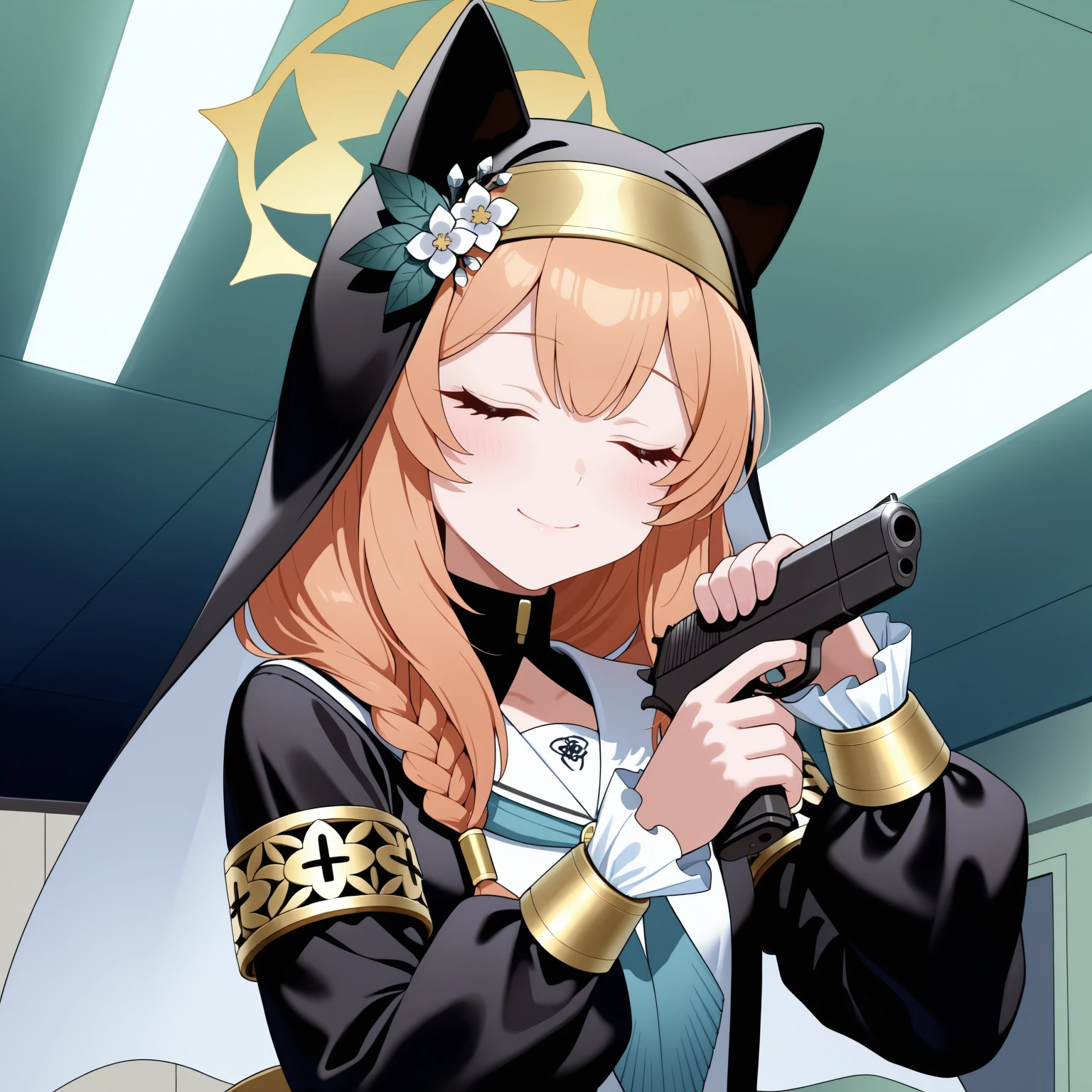 holding gun, handgun, trigger discipline, 1girl, mari \(blue archive\), closed eyes, smile, closed mouth, indoors, ceiling light, office, <lora:Im_a_healer_but_meme-000010:1>