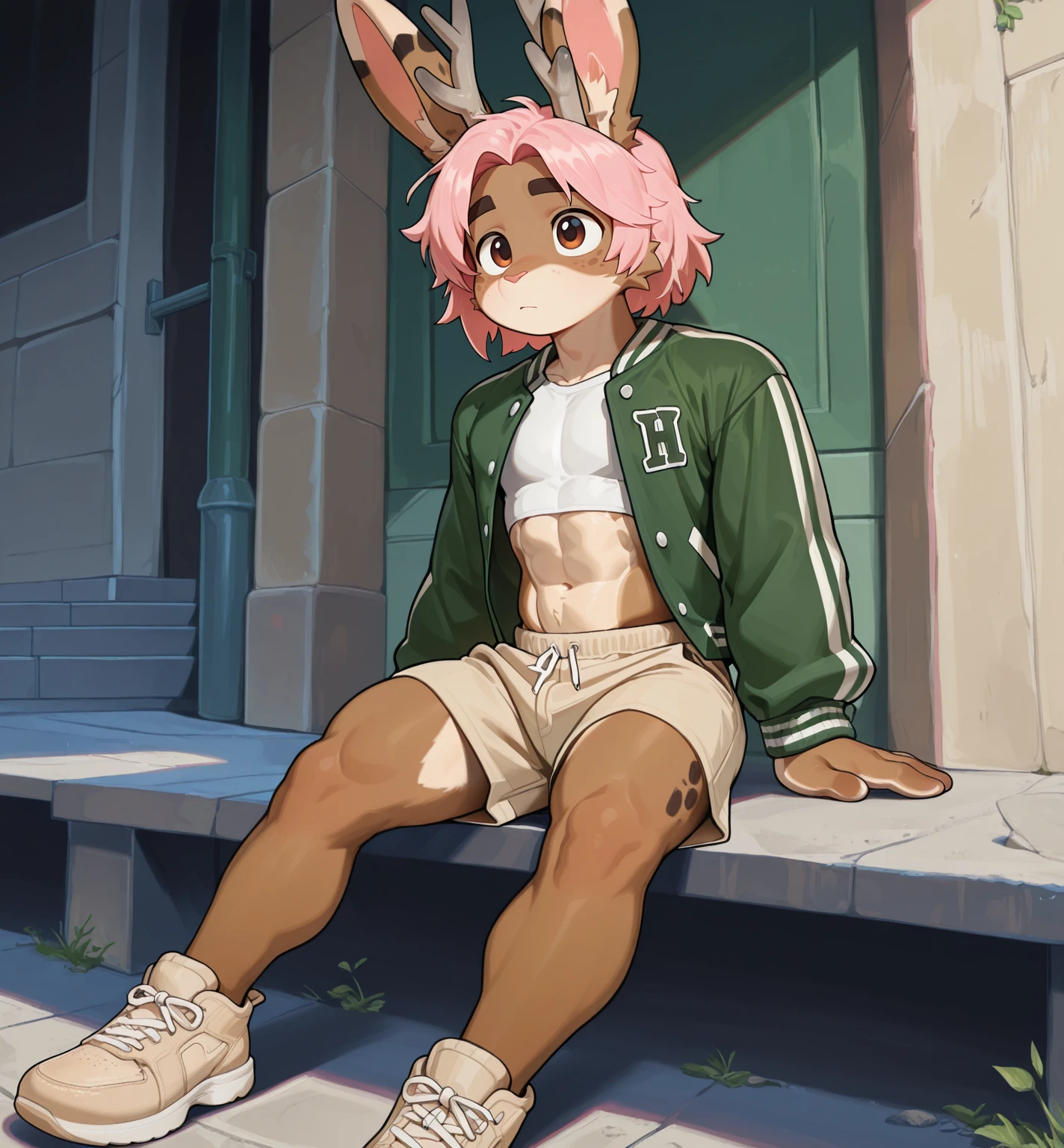 <lora:IL_Char_Velvet-a:1> v3lv3t, jackalope, pink hair, brown eyes, tiny white crop top, open green letterman jacket, beige shorts, masterpiece, best quality, absurdres, newest, perfect quality, best quality, detailed background, intricate details, bara, anthro, furry, (boy, male, male focus:1.5), <lora:IL_BaraMerge_3:0.35> <lora:NAI_Style_CheeseCrumbles:0.2> cheesecrumbles, cute, young, teen, fit body, muscles, (narrow waist), sitting