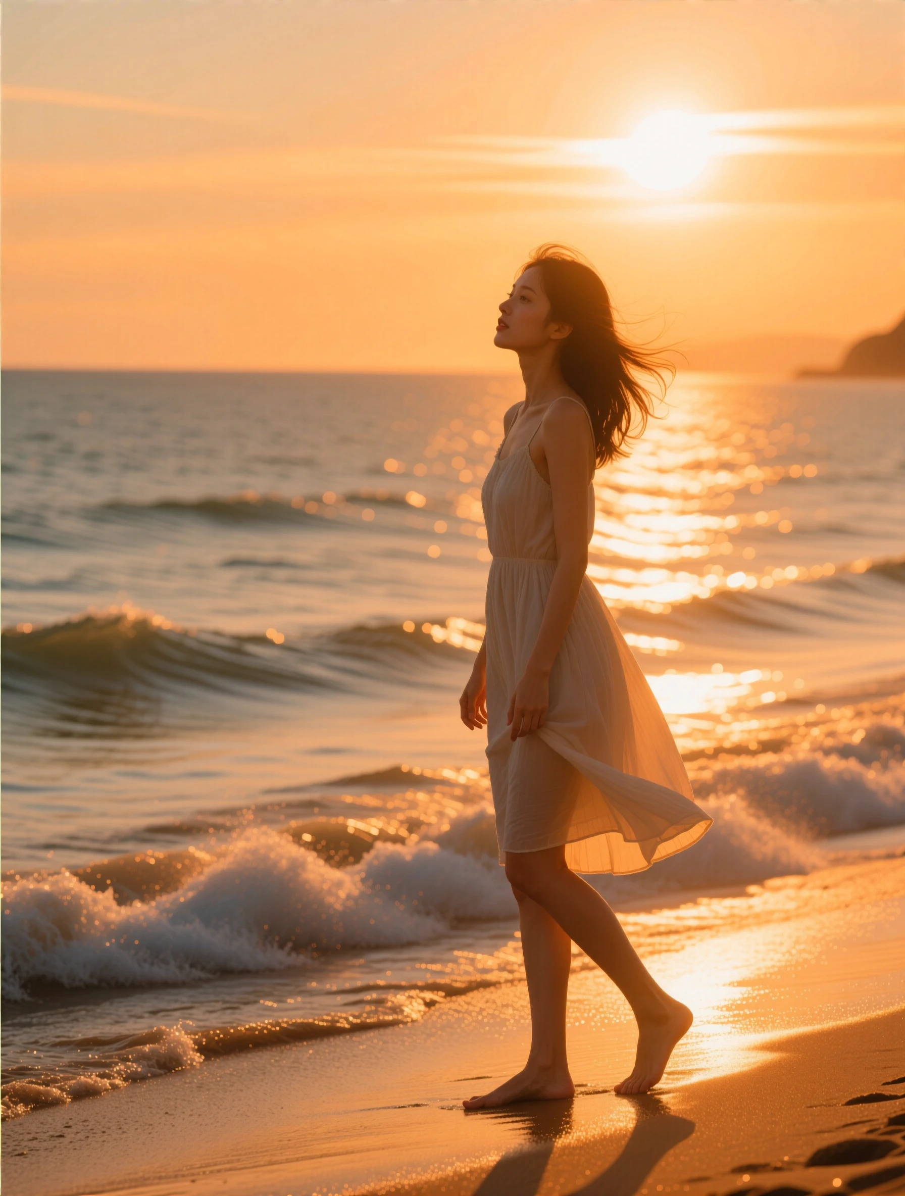 A lifestyle photograph of a young woman standing barefoot at the shoreline during sunset. She wears a light summer dress that moves with the breeze. The ocean waves shimmer behind her in warm golden light.