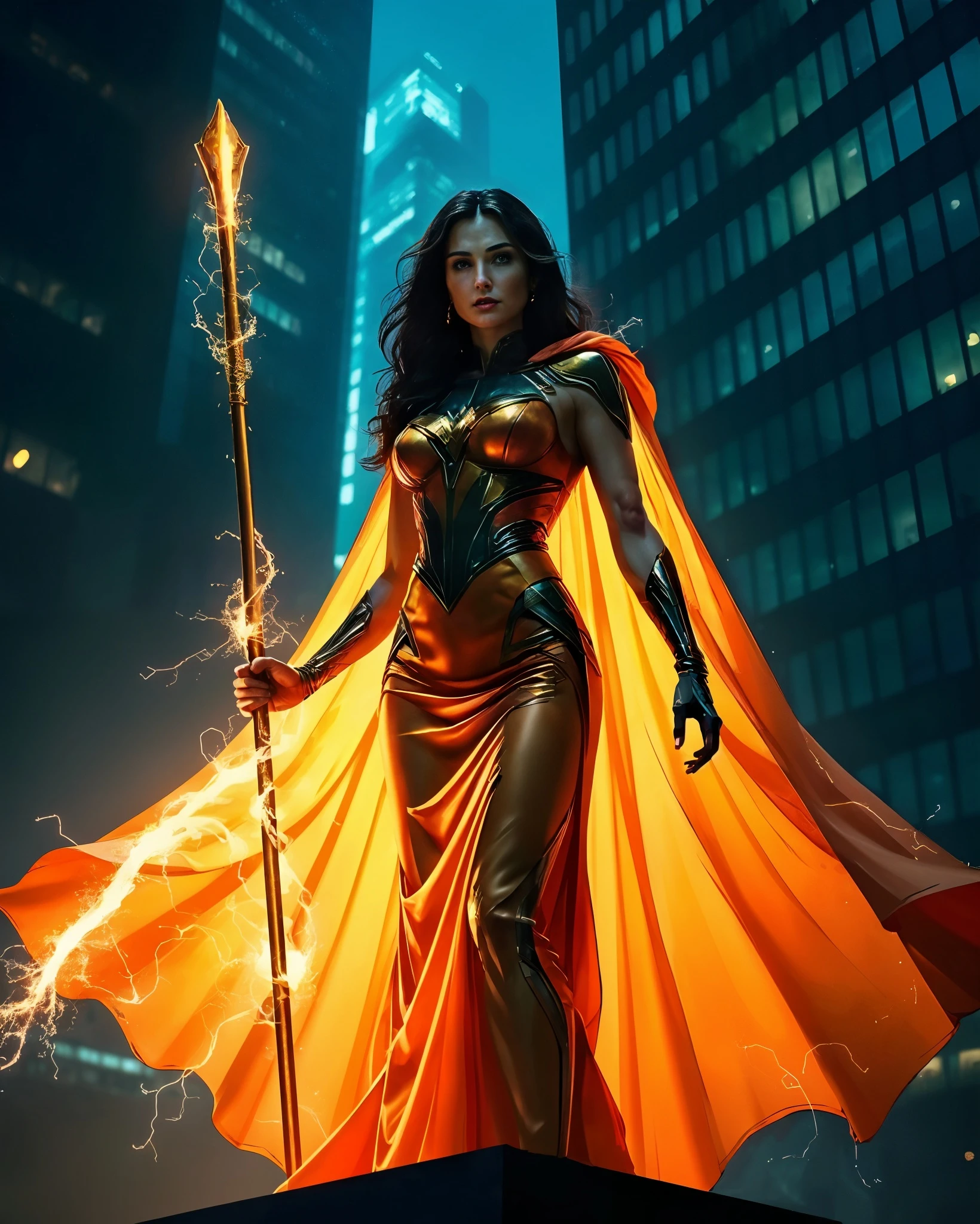 A powerful female figure stands confidently on a pedestal in a vibrant urban setting, wearing a sleek, metallic orange gown accented with a dramatic cape. She holds a glowing spear that crackles with energy, exuding strength and authority. The background features towering glass buildings illuminated by a bluish twilight, enhancing the superheroic atmosphere. Her long, dark hair cascades over her shoulders, complementing the bold and dynamic composition of the image.