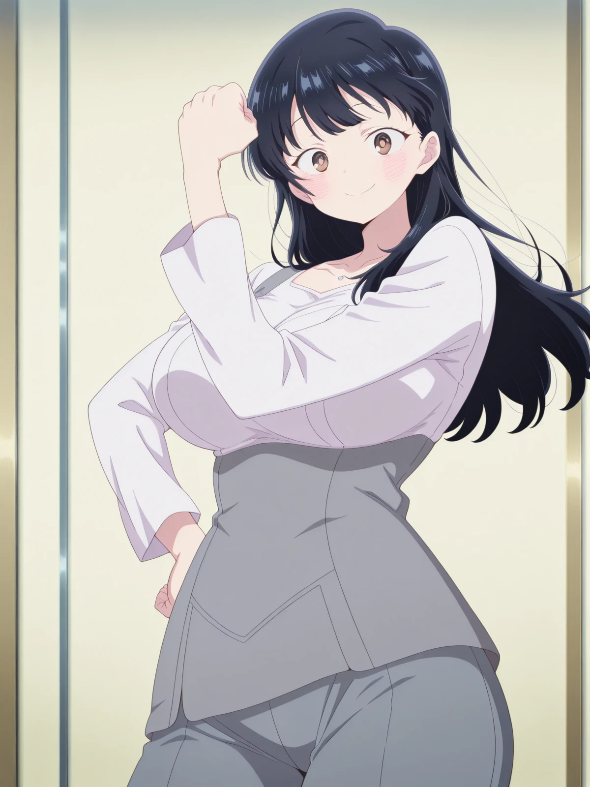 masterpiece, best quality, amazing quality,, <lora:anna-yamada-s2-illustriousxl-lora-nochekaiser:1>, anna yamada, long hair, bangs, black hair, brown eyes, mature female, large breasts, anime screencap, <lora:cureblack-pose-illustriousxl-lora-nochekaiser:1>, cureblack pose, solo, looking at viewer, blush, smile, cowboy shot, hand on own hip, hand up, clenched fist,, , ,