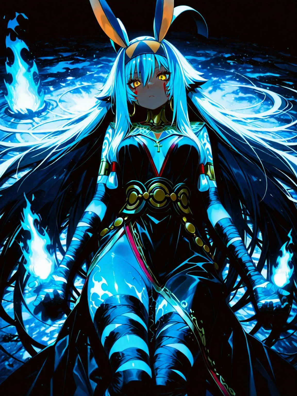 masterpiece, best quality, very aesthetic, (newest:1.1),highres,
fate (series) , fate/grand order,
nitocris (fate) nitocris alter (first ascension) (fate) (very long hair very long sidelocks :1.2) (hair flaps hair tubes),
<lora:Nitovenger_-_Nitocris_Alter_Fate_Grand_Order_-_Illustrious-epoch10-SILLAR:1.3>,
yellow eyes, dark skin, white hair, 
see through dress, half naked, (bandages),bandaged arm, bandaged leg, bandaged hand,
(black magic effects), white fire, 
beautiful,[glossy skin],very detailed skin,skin pores,   
(lying down) , (perspective),gradient , ,
1girl, nsfw ,sexually suggestive,pussy juice
,
sunrise ,(very detailed background:1.1),
<lora:AddMicroDetails_Illustrious:0.6>
<lora:ponyv6_noobV1_2_adamW:0.4> 
<lora:CoutureCraze_IXL:0.4> C0utur3Cr4z3,
<lora:Glowing_illustrious:0.7> blue glowing skin,