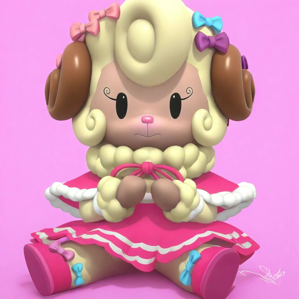 1girl, (anthro, furry, furry female) lulubelle, sheep, (light pink skin, cream fur, bodyfur), light brown sheep horns, hot pink nose, short hair, curly hair, cream hair, big eyes, dot eyes, black eyes, curled eyelashes, hot pink strapless sleeveless dress, white trim, (white trim on hot pink strapless sleeveless dress), pink fur-trimmed ribboned capelet, (fur-trimmed ribboned capelet layered on top of dress), cream fur_trim, bows, too many bows, pink bows, purple bows, blue bow, hair ribbons, hair bow, hot pink shoes