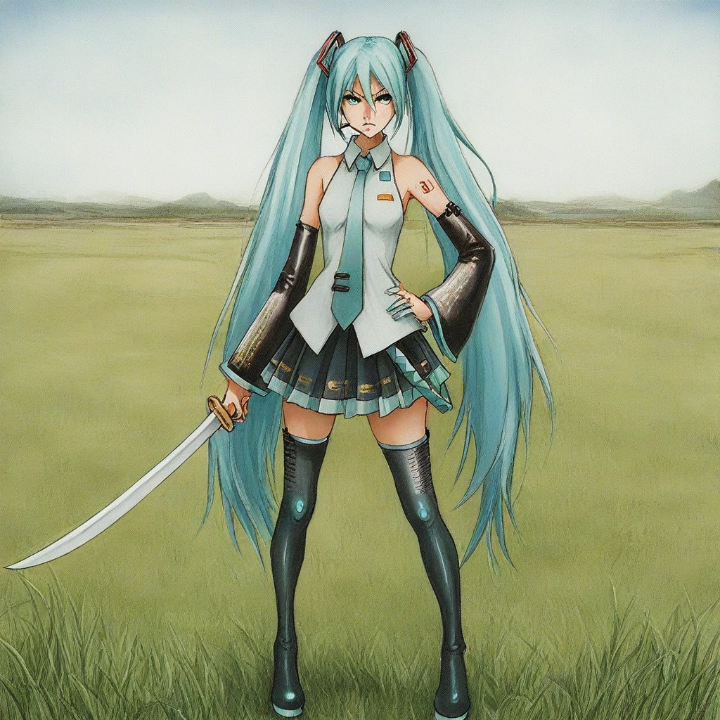 masterpiece, best quality, absurdres, P_T_K, W_C, traditional media, painting (medium), 1girl, solo, female focus, Hatsune Miku, aqua hair, twintails, aqua eyes, necktie, collared shirt, sleeveless, detached sleeves, tattoo, skirt, pleated skirt, thigh boots, standing, full body, plain, outdoors, grass, hand on own hip, holding sword, dao, serious expression,
