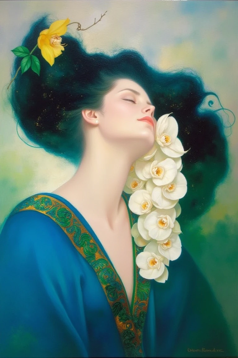 in the style of felix max, A fair-skinned woman tilts her head back, eyes closed in a serene pose. Her dark voluminous hair is crowned with cascading white orchids, a single yellow flower hovering above. She wears a blue robe detailed with green and gold patterns along the collar. Behind her, soft greens, blues, and whites merge in a hazy backdrop, faintly clouded and luminous.