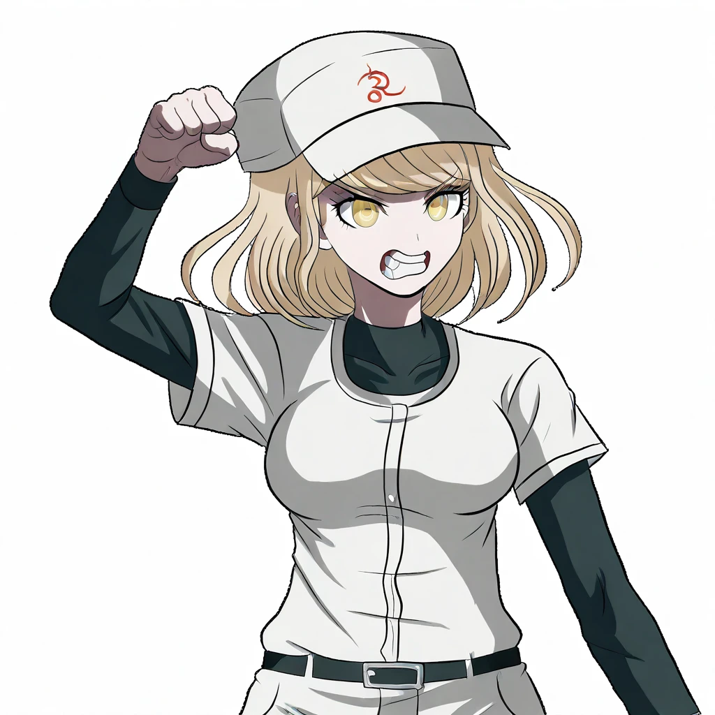1girl,angry,baseball_uniform,belt_buckle,black_belt,black_long_sleeved_undershirt,blonde_hair,bob_cut,breasts,danganronpa sprite style,danganronpa_(series),danganronpa_another_episode:_ultra_despair_girls,fist,gritting_teeth,komatsuzaki_rui_(style),looking_at_viewer,medium_breasts,medium_hair,nakajima_kanon,pants,raised_arm,red_symbol_on_cap,shirt_tucked_in,short_sleeved_shirt,simple_background,solo,transparent_background,upper_body,white_baseball_cap,yellow_eyes