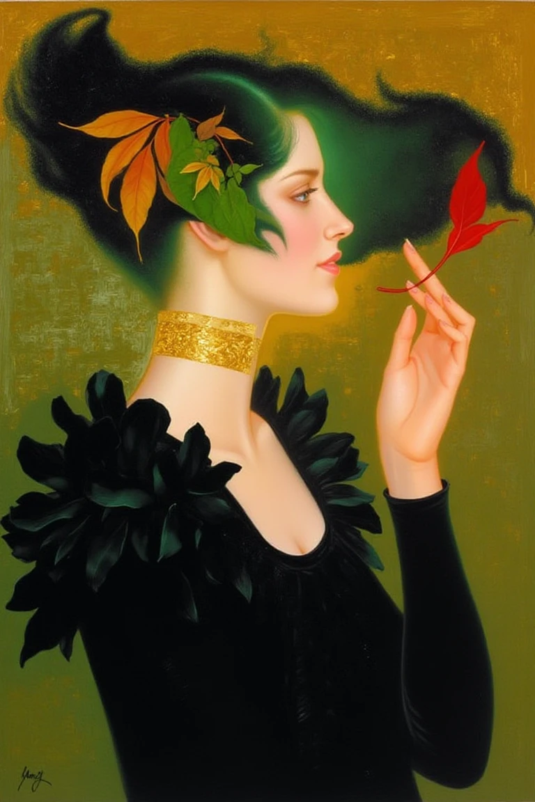 in the style of felix max, A profile portrait of a fair-skinned woman with dark, wavy hair adorned with green and orange leaves. She wears a black ruffled dress paired with a golden ornate collar. In her right hand, she gently holds a single red leaf, her expression serene with the hint of a smile as she gazes left. Behind her, a golden-green gradient textured with subtle depth enhances the scene. Smooth, flowing brushstrokes and organic forms create an elegant, ethereal atmosphere.