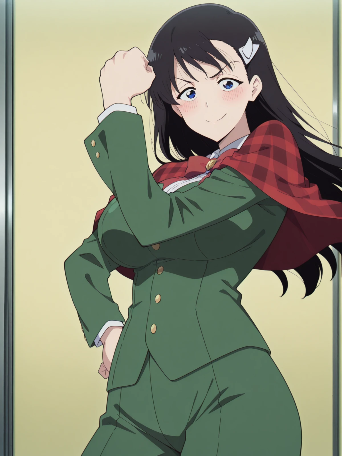 masterpiece, best quality, amazing quality,, <lora:noel-niihashi-ova-illustriousxl-lora-nochekaiser:1>, noel niihashi, niihashi noel, long hair, blue eyes, black hair, hair ornament, hairclip, mature female, large breasts, anime screencap, <lora:cureblack-pose-illustriousxl-lora-nochekaiser:1>, cureblack pose, solo, looking at viewer, blush, smile, cowboy shot, hand on own hip, hand up, clenched fist,, , ,