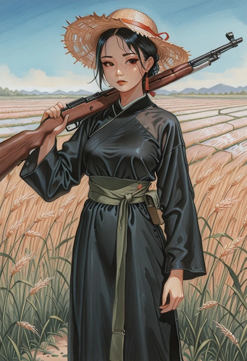 P_T_K, r_c, w_c, traditional media, painting (medium), masterpiece, best quality, absurdres, asian, 1girl, solo, female focus, black hair, black Vietnamese clothes, SKS, rifle,holding rifle, weapon over shoulder, rice paddy, outdoors, straw hat, standing, cowboy shot, outdoors