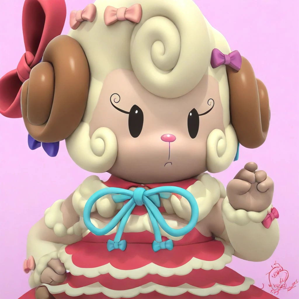 1girl, (anthro, furry, furry female) lulubelle, sheep, (light pink skin, cream fur, bodyfur), light brown sheep horns, hot pink nose, short hair, curly hair, cream hair, big eyes, dot eyes, black eyes, curled eyelashes, hot pink strapless sleeveless dress, white trim, (white trim on hot pink strapless sleeveless dress), white lace-trimmed peter pan collar, aqua thin ribbon, bows, too many bows, pink bows, purple bows, blue bow, hair ribbons, hair bow, hot pink shoes