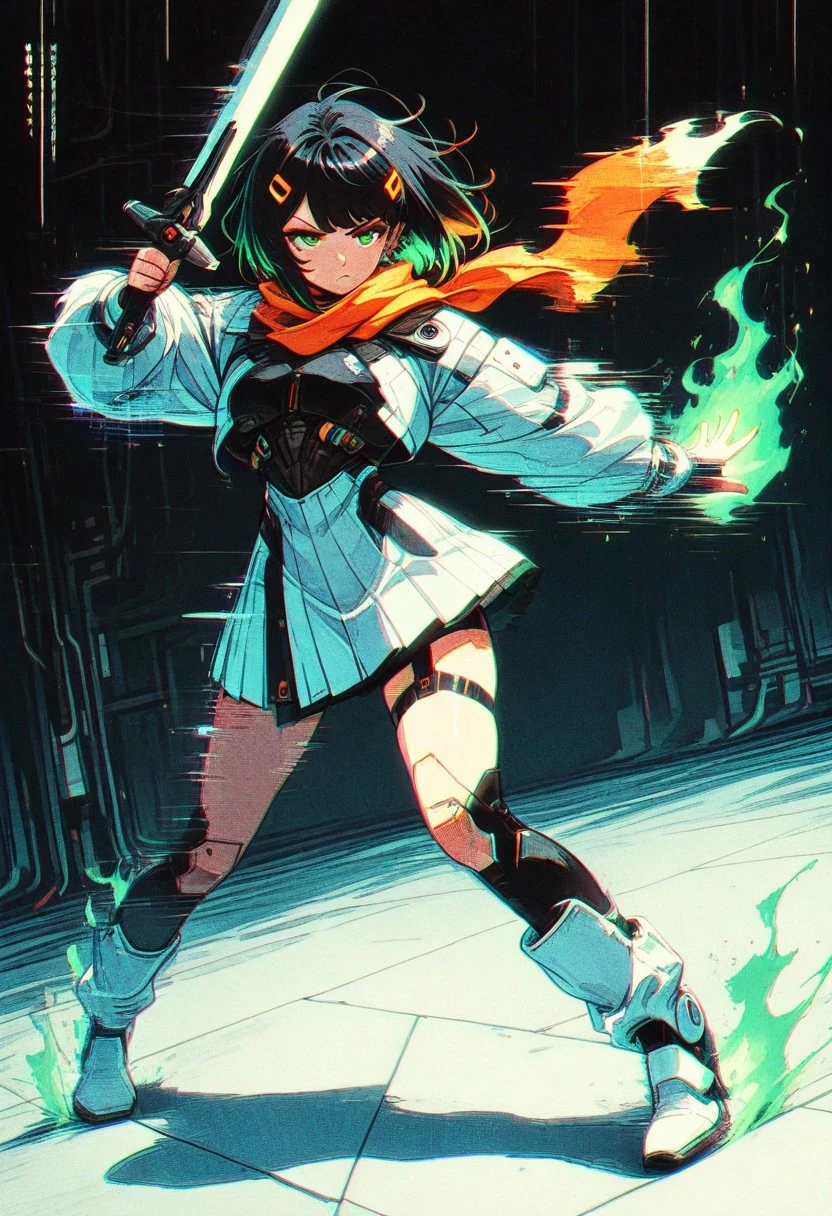masterpiece, best quality, high quality, newest, highres, absurdres, LeIsT0_illu, 4ur4_illu, retro_artstyle, retro, cyberpunk,
BREAK
(Girl:0.0), girl, solo, flickering, body glitching, cute, attractive, black hair, short hair, multicolored hair, orange inner hair, bangs, orange hairclips, green eyes, ultra-detailed anime eyes, round eyes, white leather coat, orange scarf, white skirt, white knee high boots, buckle, earrings, ear piercing, aiming sword at viewer, green flames, green fire, flaming sword, flaming scarf, ((annoyed)), mouth closed,
BREAK D&D character Sheet, parchment paper,
full body shot, (dynamic action), (dynamic pose), dynamic composition, dutch angle, Japanese text, code, geometric shapes, numbers, cyberpunk aesthetics, neon, digital art, 2D illustration, white theme, orange highlight,