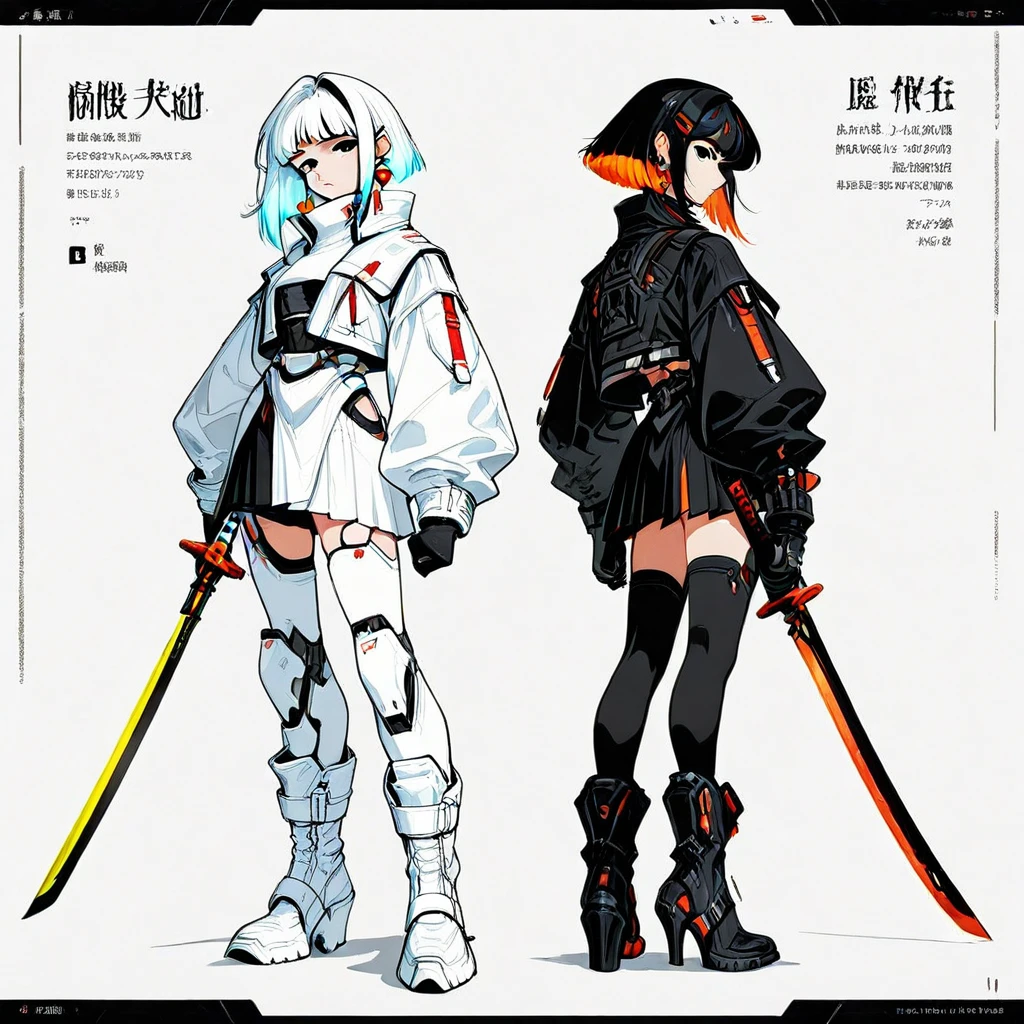 skirt, white and black skirt, holding sword, Multicolor hair, earrings, white boots, white and black jacket, thighhighs, white and black boots, katana, multicolored hair, black gloves, heel boots, robot
