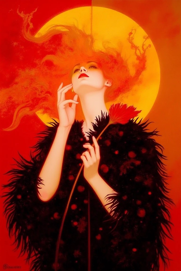 in the style of felix max, A digital painting in Art Nouveau style depicts a pale-skinned woman with flowing red hair, partially veiled by a large, abstract halo in fiery orange and yellow. She wears a dark, feather-like garment adorned with small red and black dots. Her right hand delicately touches her lips, while her left holds a slender stem crowned with a red flower. The backdrop is a gradient of red and orange, creating a luminous, dreamlike atmosphere.