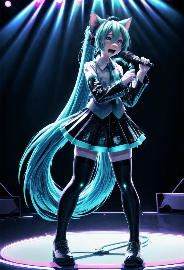 (((masterpiece, best quality, newest, absurdres, highres))),
1girl, solo, solo focus, cowboy shot,
crying, open mouth,
microphone stand,
hatsune miku, feline, full body, animal ears, tail, furrification,
mikudef,
stage, stage lights, neon lights,
<segment:face//cid=11>