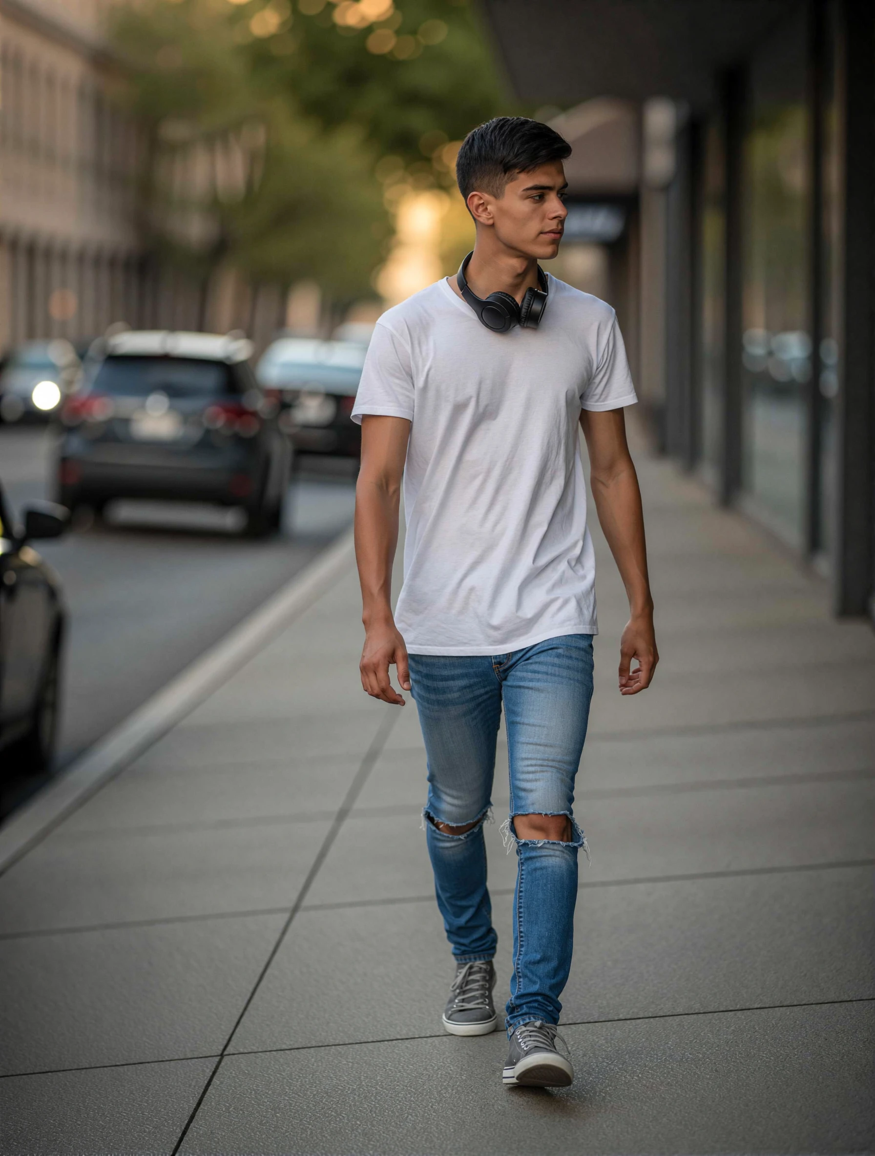 A full-body photograph of a young man walking along a city sidewalk. He wears a plain white T-shirt, ripped jeans, and sneakers, with headphones around his neck. The background features blurred cars and storefronts, captured in soft afternoon light.