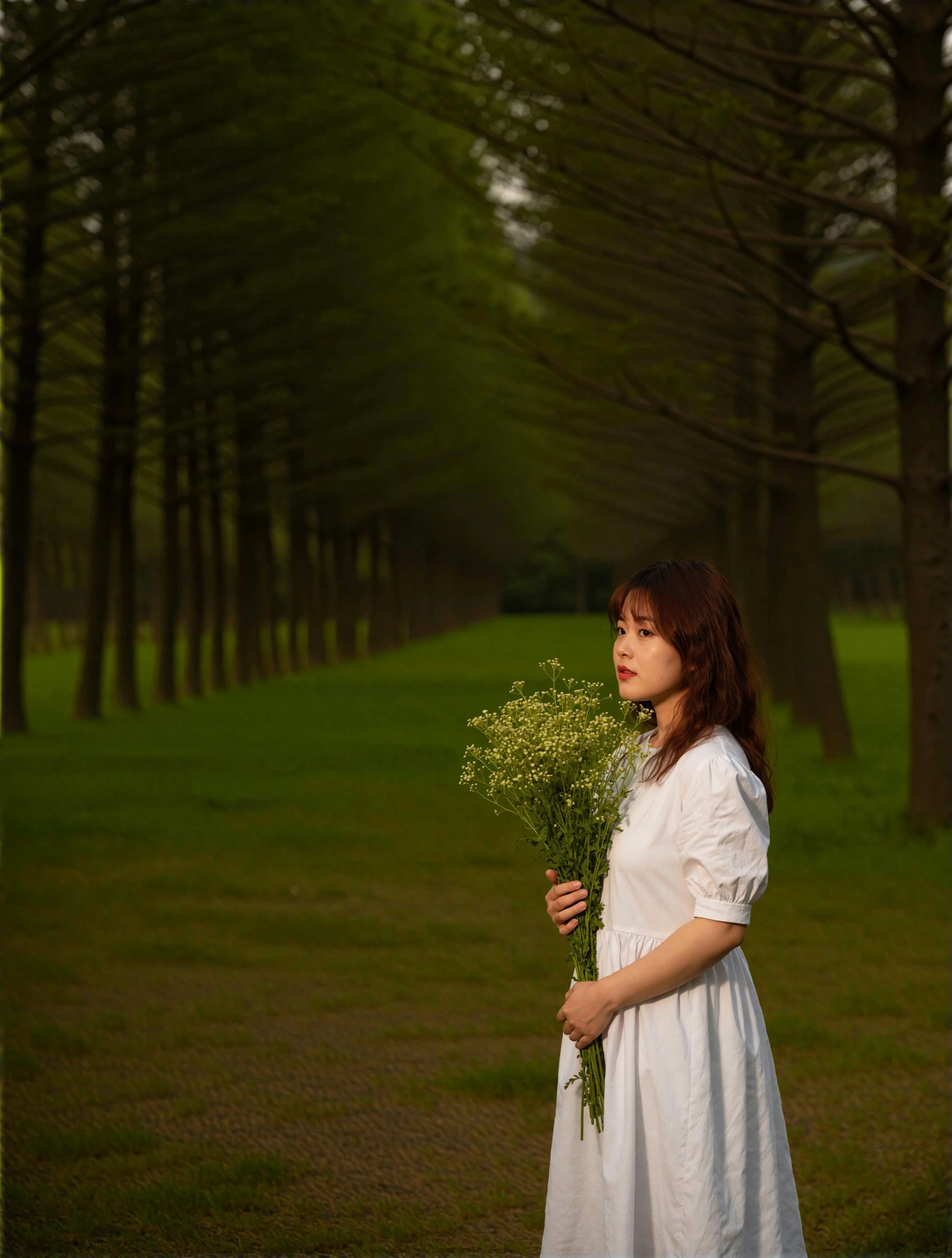 A three-quarter portrait of a woman standing in a forest clearing. She wears a simple white dress and holds a bouquet of wildflowers. Sunlight filters softly through the trees, creating dappled patterns on the ground.