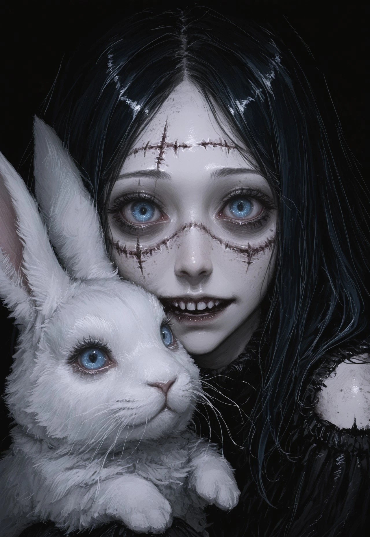 Sea_Pall, masterpiece, best quality, highly detailed, high-quality, drawing of a girl holding a rabbit ,eyes wide open, black hair, looking at viewer, blue eyes, stitches, darkness, horror (theme), scar on face, close up, araibokuseki,