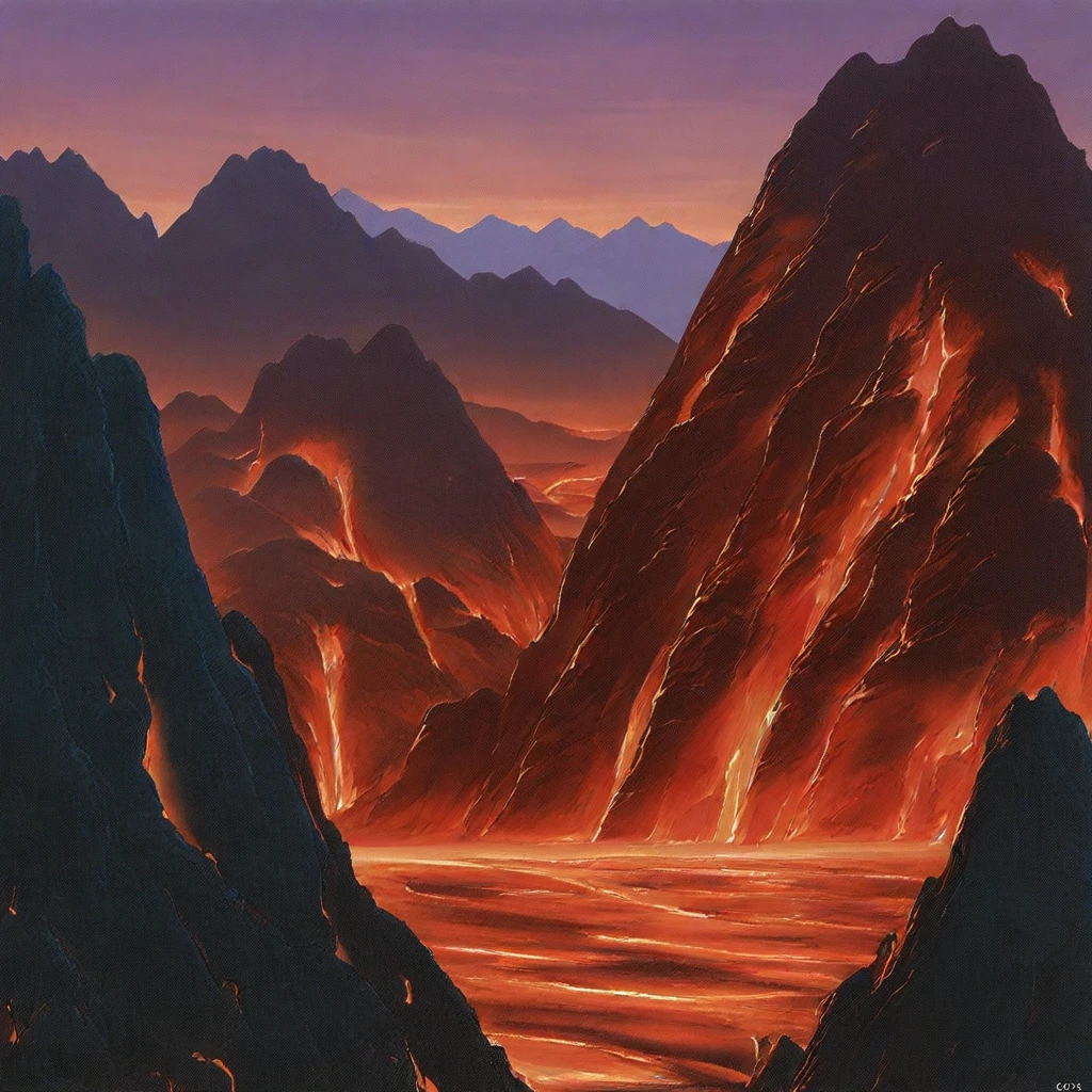 masterpiece, best quality, absurdres, P_T_K, scenery, mountain, no humans, landscape, outdoors, lava