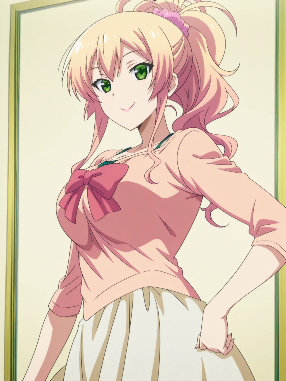 masterpiece, best quality, amazing quality,, <lora:yukana-yame-s1-illustriousxl-lora-nochekaiser:1>, yukana yame, long hair, blonde hair, green eyes, pink hair, ponytail, hair scrunchie, mature female, large breasts, anime screencap,, <lora:sailormars-pose-illustriousxl-lora-nochekaiser:1>, sailormars pose, solo, looking at viewer, smile, cowboy shot, hand on own hip,, , ,