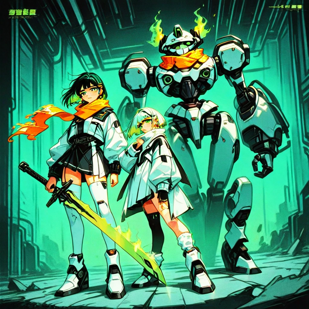 white and black jacket, white thighhighs, white jacket, multicolor hair, holding sword, white and black skirt, orange scarf, earrings, green hair, robot, hair ornament, short hair, jewelry, scarf