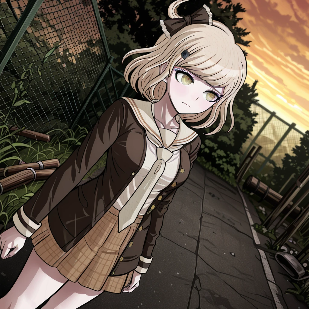 <lora:lazypos:1>, lazypos , masterpiece, best quality, amazing quality, very awa,absurdres,newest,very aesthetic,depth of field, highres, (anime screenshot),(anime coloring ), Sideways , Panorama , <lora:Kanon_Nakajima_Illustrious:1>,<lora:Danganronpa_Anime_Style_Mix_Illustrious_V2.01a:1>, danganronpa_3_(anime), danganronpa_(series), super_danganronpa_2.5:_komaeda_nagito_to_sekai_no_hakaimono, anime_screenshot , anime screencap, anime coloring, danganronpa_(series), danganronpa_another_episode:_ultra_despair_girls, komatsuzaki_rui_(style), danganronpa sprite style, nakajima_kanon, 1girl, solo, black_bow, blonde_hair, breasts, frilled_bow, frills, hair_bow, hair_ornament, hairclip, medium_breasts, medium_hair, yellow_eyes , brown_shirt, collarbone, jacket, skirt, necktie, open_clothes, open_jacket, pleated_skirt, shirt, shirt_tucked_in, white_necktie, white_shirt , abandoned_baseball_field, overgrown_grass, rusted_dugout, scattered_equipment, nostalgic_atmosphere, golden_hour_lighting, melancholic_mood, chain_link_fence, weeds_growing_through_concrete