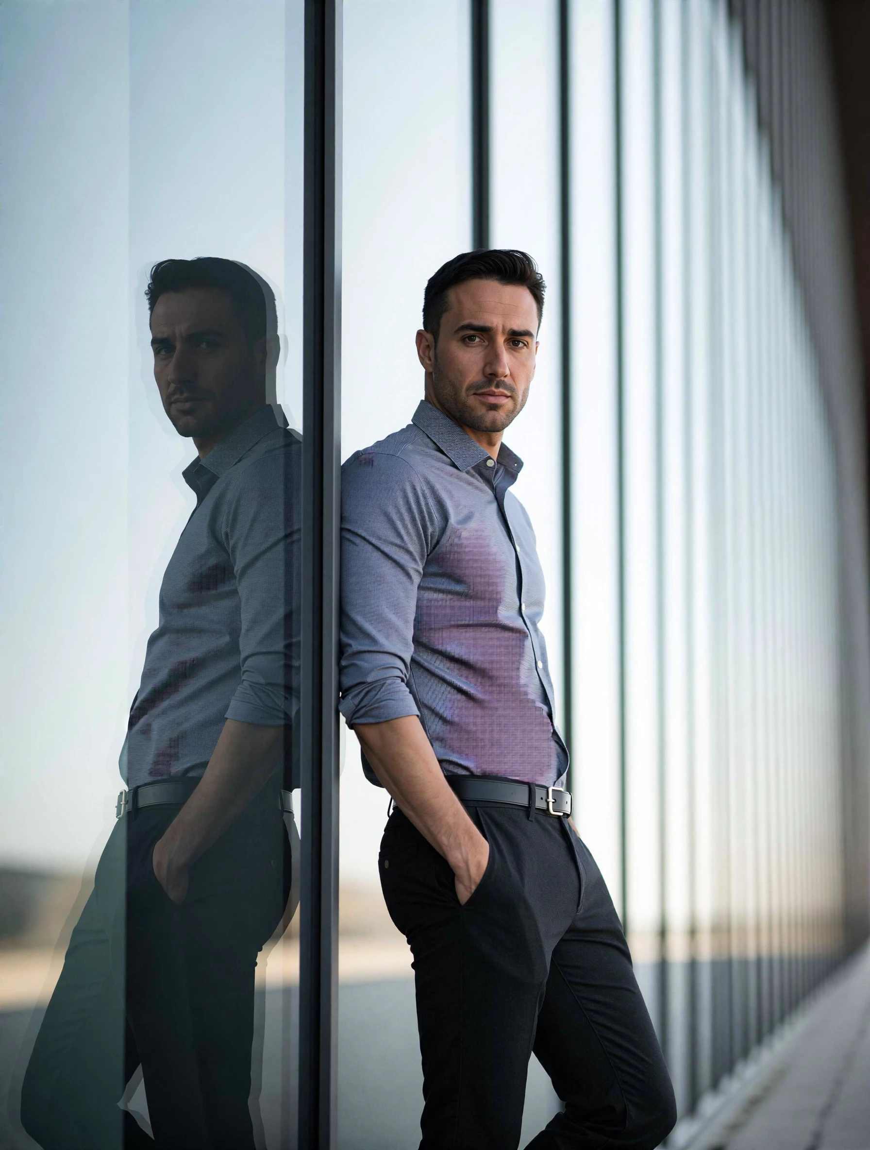 A full-body photo of a man leaning against a modern glass building. He wears a fitted button-up shirt and dark trousers, with one hand in his pocket. The reflections on the glass create depth, and the lighting is bright and natural.