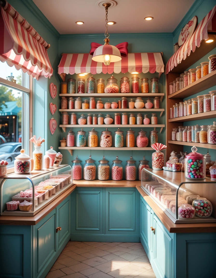 A whimsical candy shop filled with shelves overflowing with colorful sweets, glass jars of lollipops, gummy bears, and chocolates. The shop interior glows warmly, with pastel-painted walls, striped awnings, and a playful, nostalgic atmosphere that feels magical and inviting.
<lora:whimsical_candy_sh0p-p:1>whimsical candy sh0p score_9, score_8_up, score_7_up,amazing quality, ultra realistic, 3D, HD, best quality, amazing quality, very aesthetic, absurdres