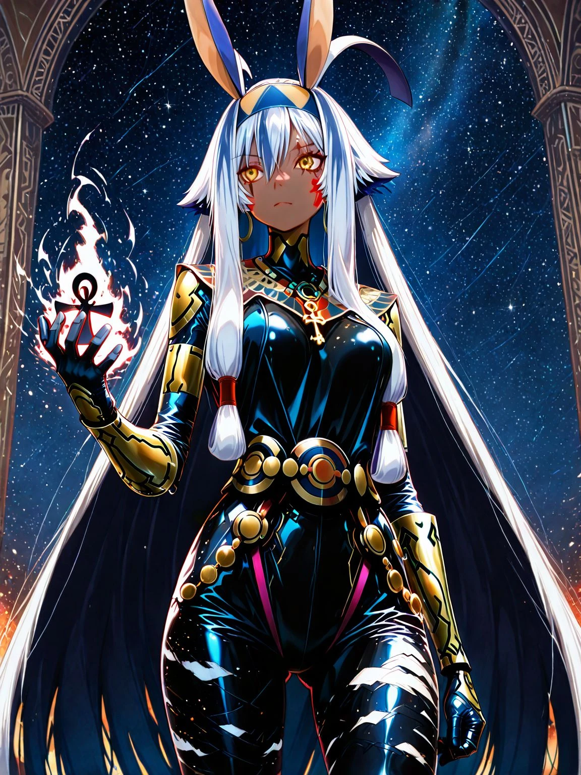 masterpiece, best quality, very aesthetic, (newest:1.1),highres,absurdres ,
fate (series) , fate/grand order,
<lora:Nitovenger_-_Nitocris_Alter_Fate_Grand_Order_-_Illustrious-epoch10-SILLAR:1.0>, ( nitocris (fate) nitocris alter (first ascension) (fate) (very long hair very long sidelocks :1.2) (hair flaps hair tubes) :1.1), 
yellow eyes, dark skin, facial mark, scar across eye, white hair, 
necklace, ankh, bodysuit, bandages over body, (bandages), leggings, gauntlets,
black magic effects,
beautiful,[glossy skin],very detailed skin,skin pores,   legs apart ,
1girl, sensitive, ,artistic,elegant,cool
,
midnight, starry,(very detailed background:1.1),
<lora:AddMicroDetails_Illustrious:0.8> 
<lora:ponyv6_noobV1_2_adamW:0.4>