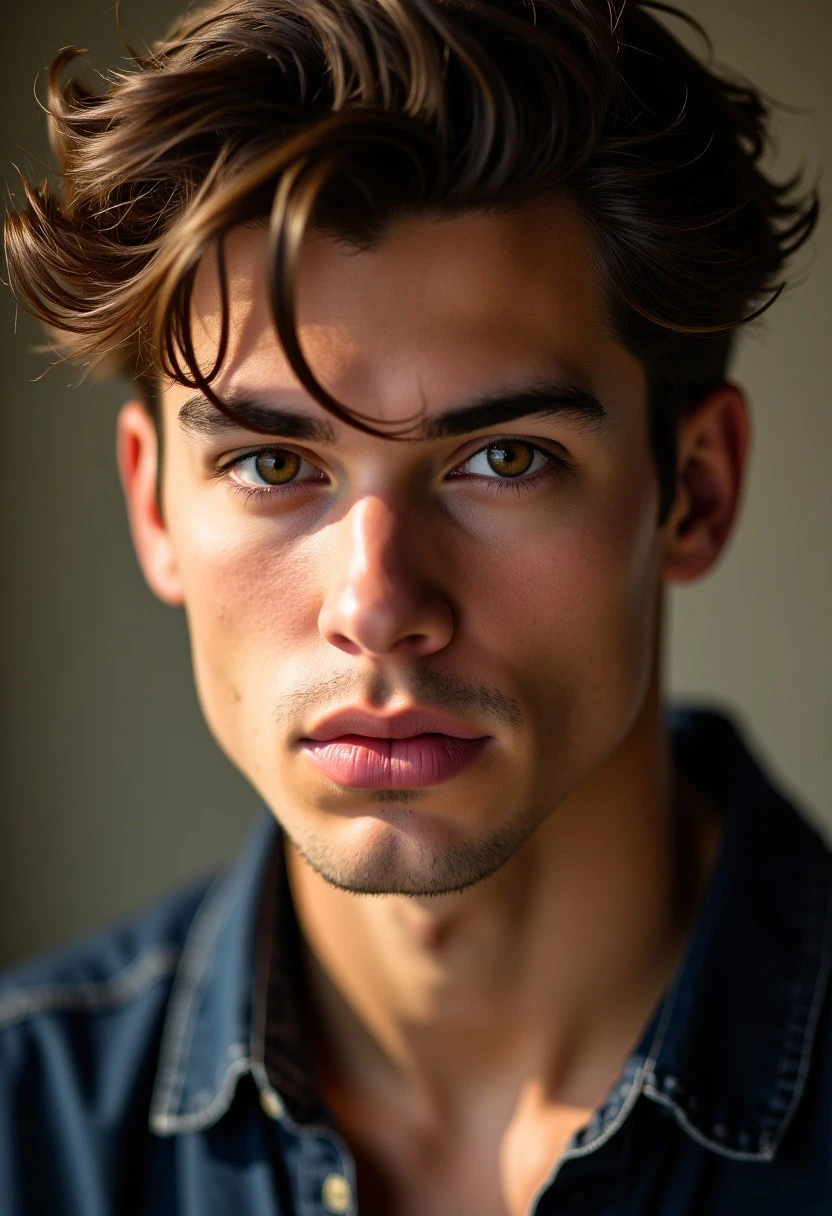 A close-up portrait of an insanely handsome 25-year-old male model college student, captured with cinematic lighting. The image is highly detailed, showing every pore and strand of hair with photorealistic clarity. His facial features are sharp and well-defined, with realistic shadows and natural skin texture. Looking at viewer,