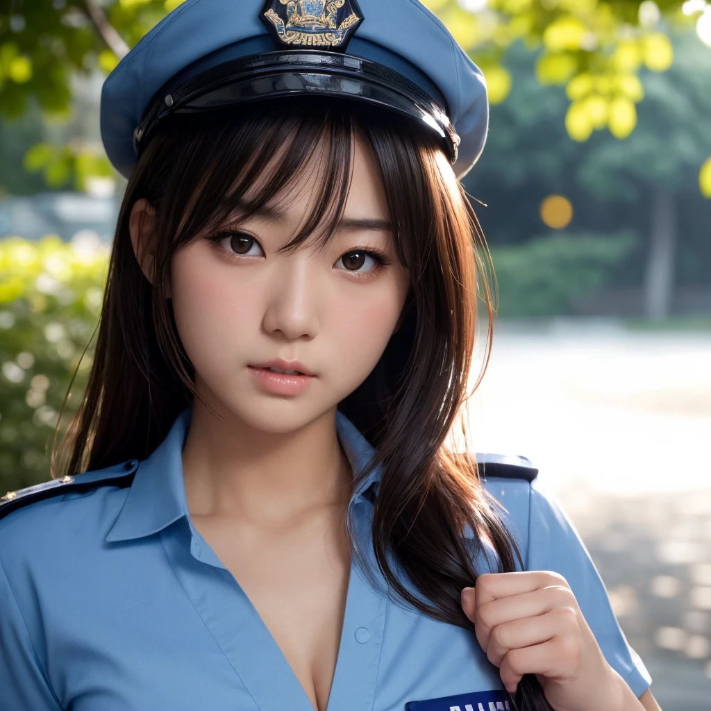 masterpiece, 4k picture, sharp focus, hot Japanese woman, cop, police officer, police outfit, blue shirt, round cute face, fair skin, flat chest, ahegao, 1girl, solo, (photorealistic face:1.25), small boobs, blush, heavy blush, petite, natural lighting, bright sunshine,