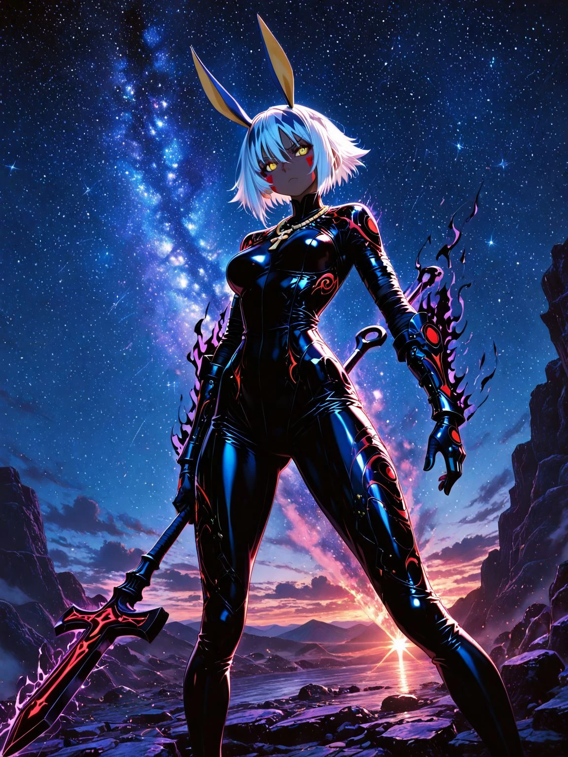 masterpiece, best quality, very aesthetic, (newest:1.1),highres,absurdres ,
fate (series) , fate/grand order,
LORATEST, ( nitocris alter (third ascension) (fate) short hair :1.1), 
yellow eyes, dark skin, facial mark, scar across eye, white hair, 
necklace, ankh, bodysuit, bandages over body, (bandages), leggings, gauntlets,
black magic effects,
beautiful,[glossy skin],very detailed skin,skin pores,   legs apart ,
1girl, sensitive, ,artistic,elegant,cool
,
midnight, starry,(very detailed background:1.1),
<lora:AddMicroDetails_Illustrious:0.8> 
<lora:ponyv6_noobV1_2_adamW:0.4>