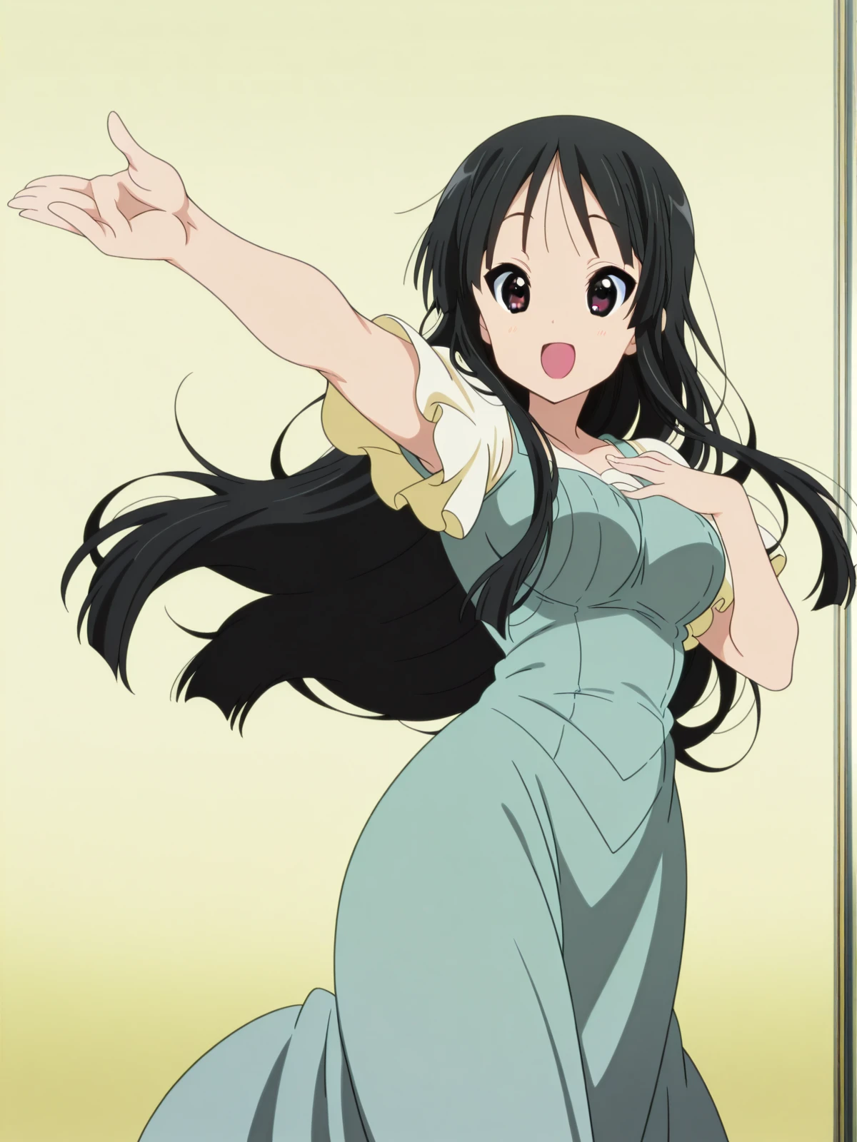 masterpiece, best quality, amazing quality,, <lora:mio-akiyama-s2-illustriousxl-lora-nochekaiser:1>, mio akiyama, akiyama mio, long hair, bangs, black hair, black eyes, hime cut, mature female, medium breasts, anime screencap, <lora:curebeauty-pose-illustriousxl-lora-nochekaiser:1>, curebeauty pose, solo, smile, open mouth, standing, :d, outstretched arm, hands up,, , ,