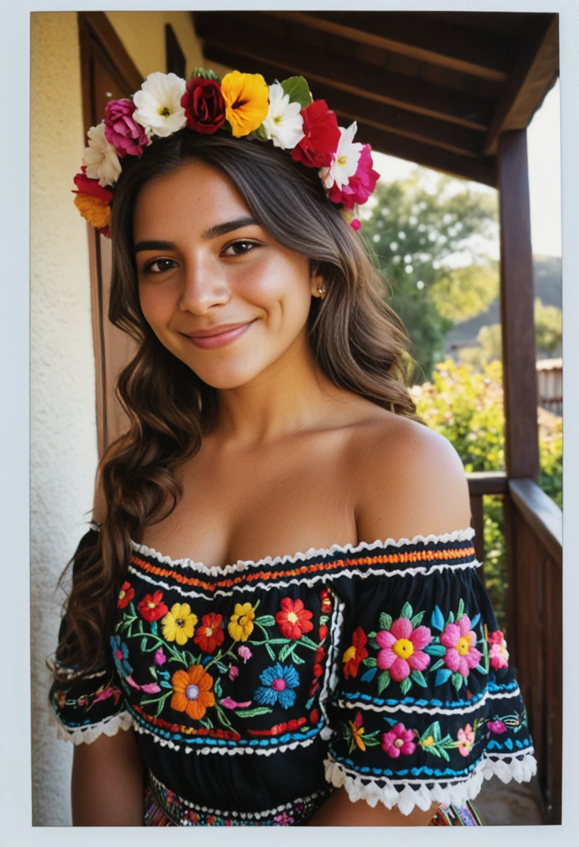 score_9, score_8_up, Candid Instax Photo, masterpiece, best quality, absurdres, amazing quality, ultra realistic, soft lighting, olive skin, (mexican woman), beautiful face, long wavy dark brown hair, flower crown, traditional mexican dress, colorful embroidery, off-shoulder blouse, folkloric style, ethnic jewelry, soft smile, detailed skin texture, shallow depth of field, vibrant cottage, pose, arched back, leaning over, afternoon sunlight, extremely detailed skin, natural skin texture, shallow depth_of_field, blurry_background