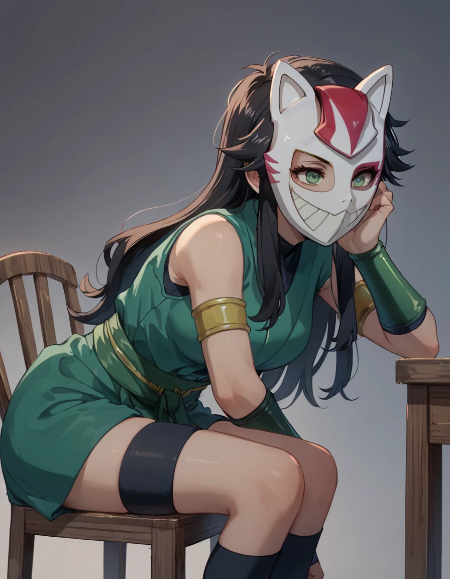 score_9, score_8_up, score_7_up, catwomanhunted_Cheshire, sitting on edge of chair, leaning forward