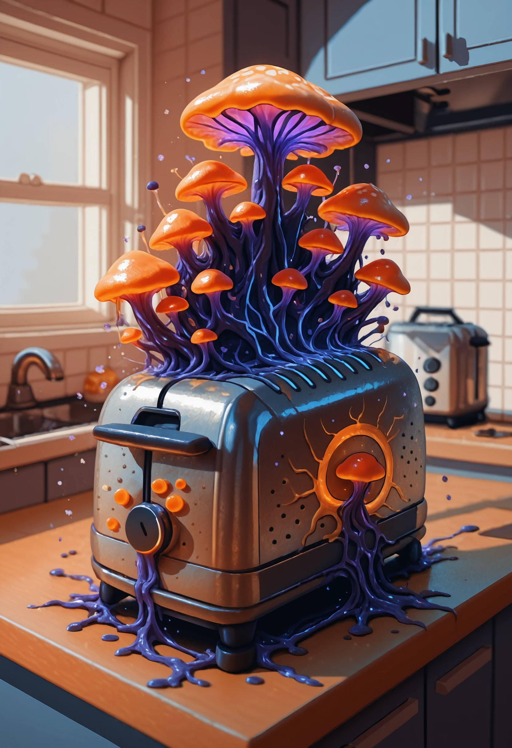 A metal toaster sits on a sunny kitchen counter, now entirely overtaken by Mycochrome. Vivid purple mycelial roots creep across its surface, blooming upward into clusters of radiant orange caps. The fungal network pulses with faint light, spilling spores into the warm airâan uncanny fusion of household tech and bioluminescent decay.