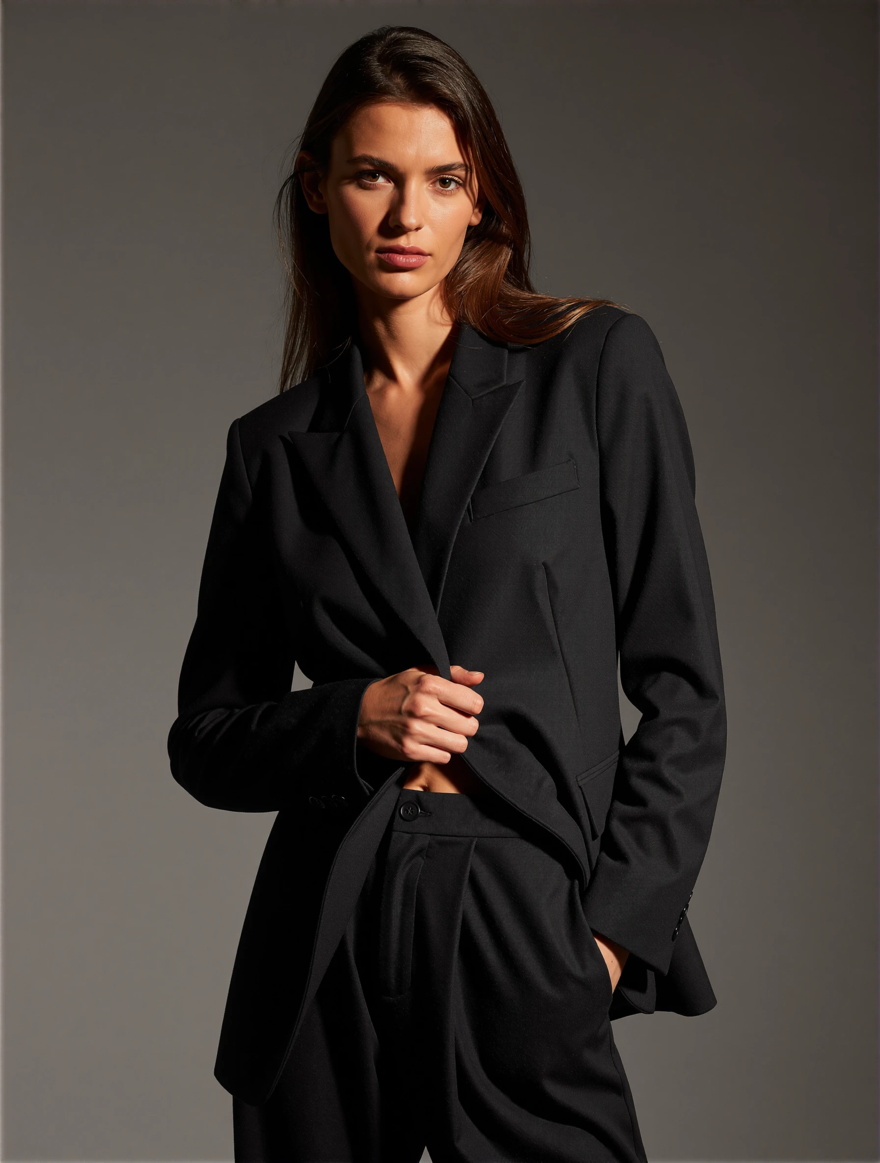 A mid-length studio portrait of a woman posing confidently in a tailored black blazer and high-waisted trousers. The backdrop is neutral gray, and the lighting is sharp and directional, emphasizing the textures of the clothing.