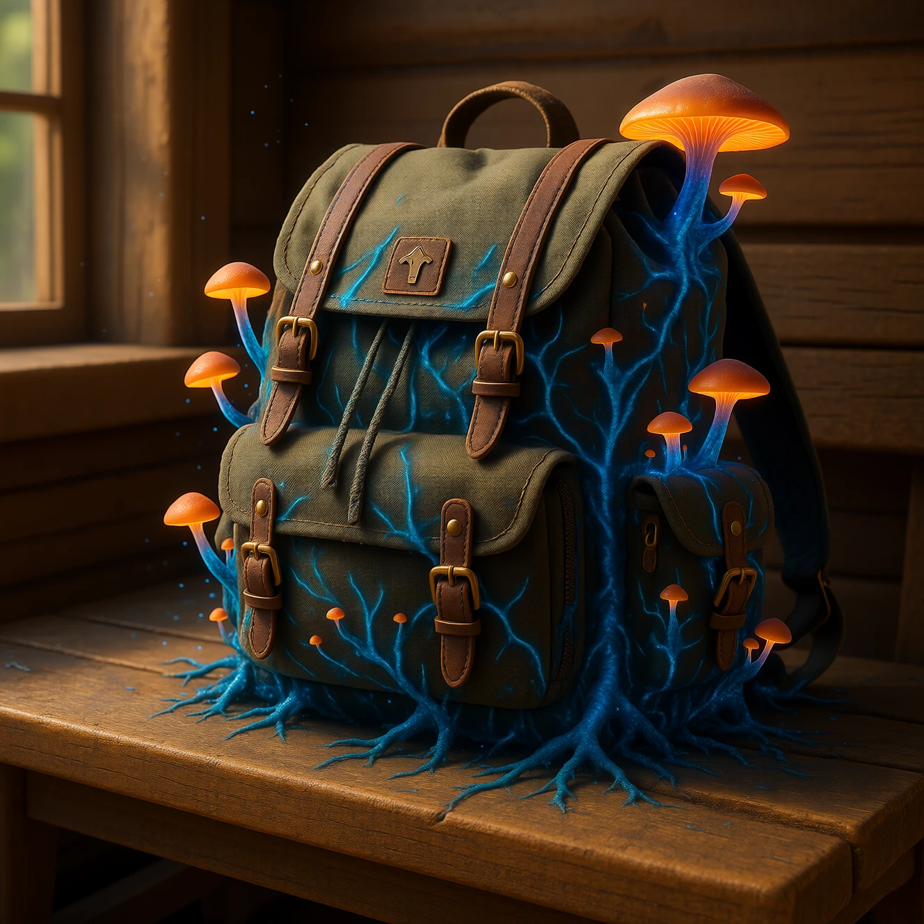 A canvas backpack rests on a wooden bench in warm daylight, its surface overtaken by Mycochrome. Vivid blue mycelial strands creep across the fabric and buckles, sprouting luminous orange caps that pulse with fungal life. Roots stretch outward, merging with the wood below, as if the spores have begun claiming the room itself.