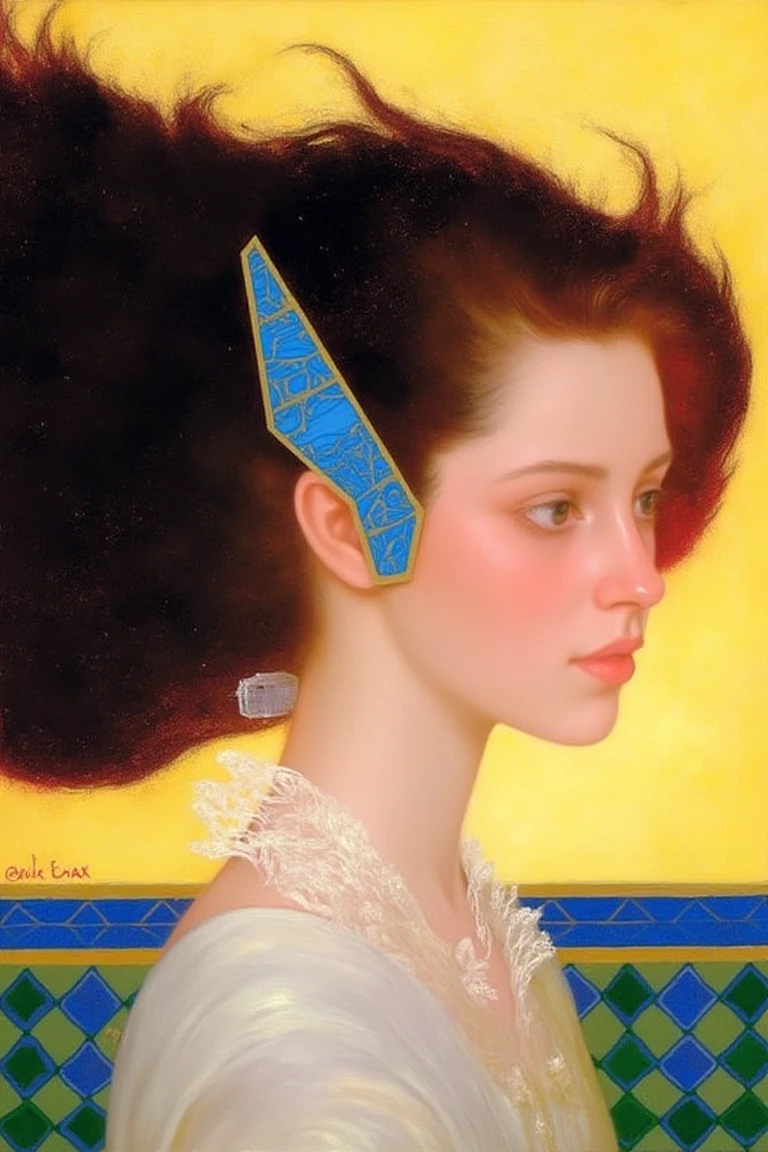in the style of felix max, A digital painting depicts a serene profile of a young woman with fair skin and dark, wavy hair. Her elongated neck is adorned with a white, lace-like collar. Eyes closed, lips slightly parted, she carries a contemplative expression. A blue and gold geometric hairpiece decorates her hair. The background glows in warm golden-yellow, framed by a border of blue and green diamond patterns. The atmosphere is soft and painterly, evoking quiet elegance.