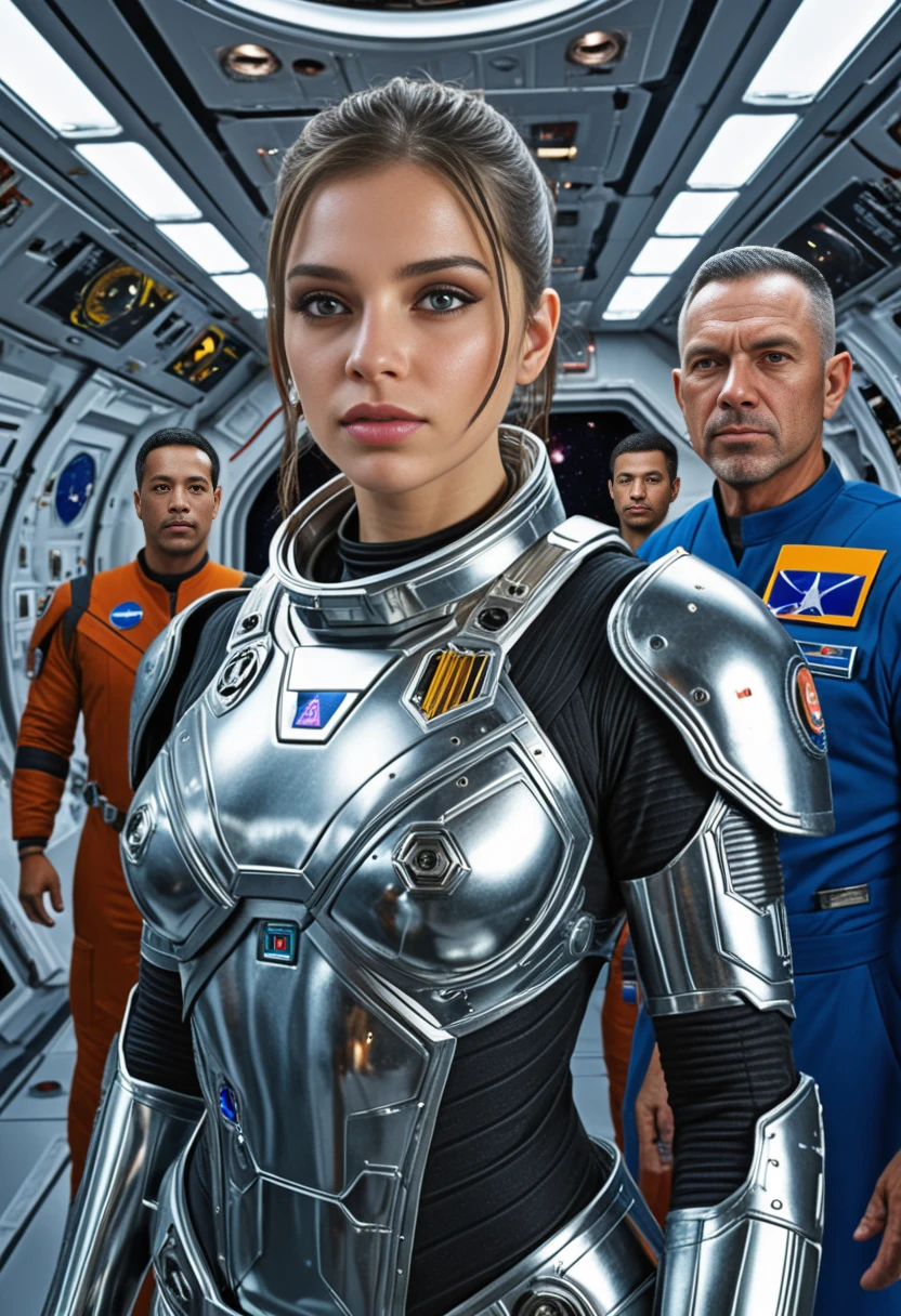 score_9, score_8_up, score_7_up, handsome portrait photo of a beautiful girl in space armor on a space station, HDR, Canon HD, 8K, 4K, sharp focus, futuristic ambiance with crew in background, intricate metallic textures and glossy eyes, masterpiece, best quality, ultra detailed, photorealistic sci-fi elements.