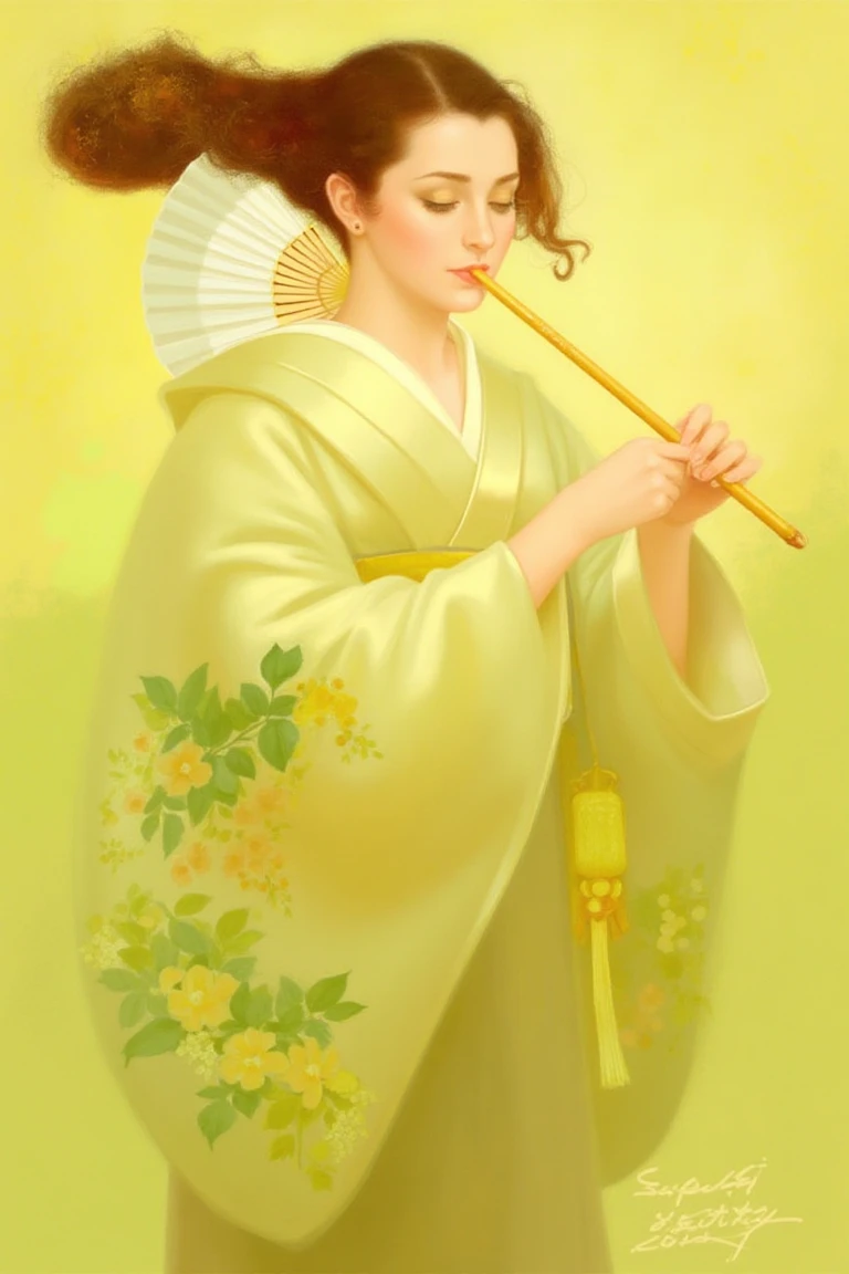 This is a digital painting in a soft, impressionistic style. It features a serene Asian woman with fair skin and delicate facial features, wearing a traditional, flowing kimono adorned with green and yellow floral patterns. Her dark brown hair is styled in an elegant updo, with a few strands gracefully falling. She holds a long, yellow pipe with a tassel in her right hand, while a white, folding fan rests against her left shoulder. The background is a warm, yellow-green gradient with subtle floral motifs. The woman's expression is calm and contemplative, and she is positioned slightly to the left of the center.