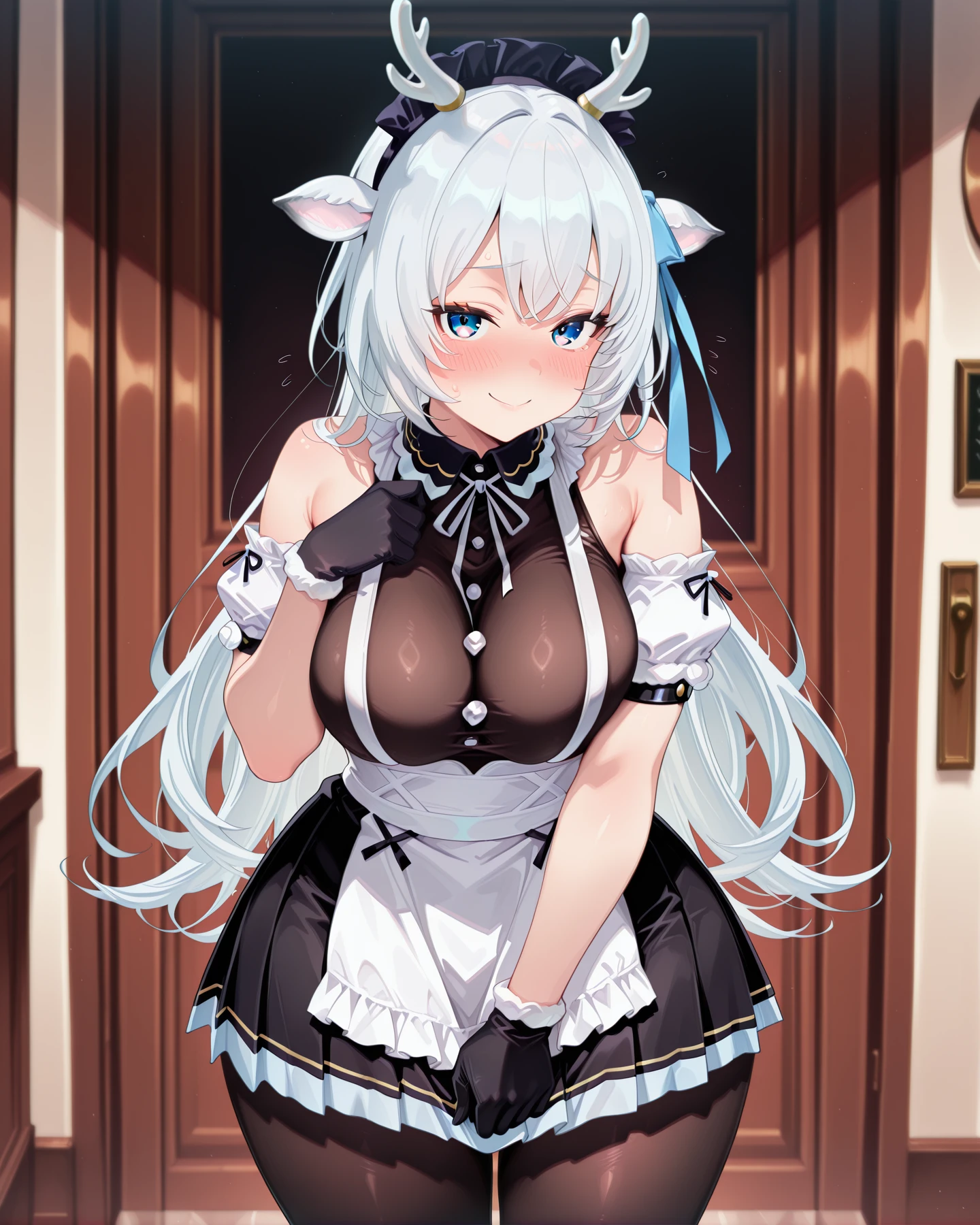 <lora:LECO-mature_female_XL(ill)v11:1> , <lora:Curvier:1>plump, thick thighs, wide hips, curvy,
<lora:Hakushika_IoriPC:1> KakIori, blue eyes, long hair, white hair, antlers, white deer ears, blue ribbon, black headdress, large breasts, maid collar, bare shoulders, black sleeveless top, maid apron, skirt, maid armlet, fur trim, black gloves, frill apron, black pantyhose, white high heels,
<lora:tomoaizawa-skirt-tug-illustriousxl-lora-nochekaiser:1> tomoaizawa skirt tug, solo, looking at viewer, blush, smile, standing, cowboy shot, skirt tug, embarrassed,, IllusP0s, masterpiece, best quality, amazing quality, very aesthetic, absurdres, newest, Smooth_Quality