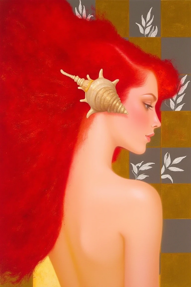 in the style of felix max, A young woman with long, flowing red hair, adorned with a large beige shell, is depicted from the back, her head gently turned to the right in serene contemplation. Her fair, smooth skin catches a hint of golden light along her shoulders and upper back. Behind her, a backdrop of gold and grey squares interlaced with white, leaf-like patterns adds intricate contrast. The composition emphasizes graceful lines and natural elegance, evoking a sense of quiet beauty.