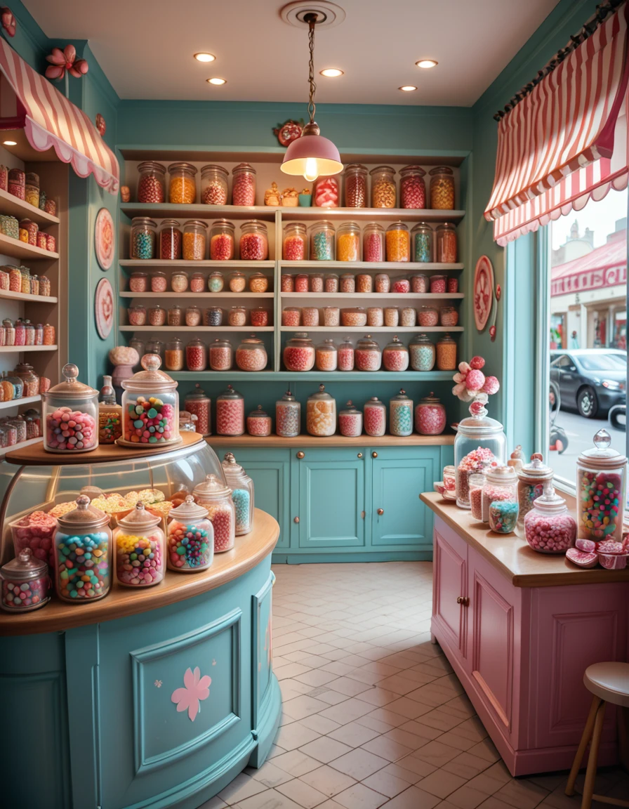 A whimsical candy shop filled with shelves overflowing with colorful sweets, glass jars of lollipops, gummy bears, and chocolates. The shop interior glows warmly, with pastel-painted walls, striped awnings, and a playful, nostalgic atmosphere that feels magical and inviting.
<lora:whimsical_candy_sh0p-p:1>whimsical candy sh0p score_9, score_8_up, score_7_up,amazing quality, ultra realistic, 3D, HD, best quality, amazing quality, very aesthetic, absurdres